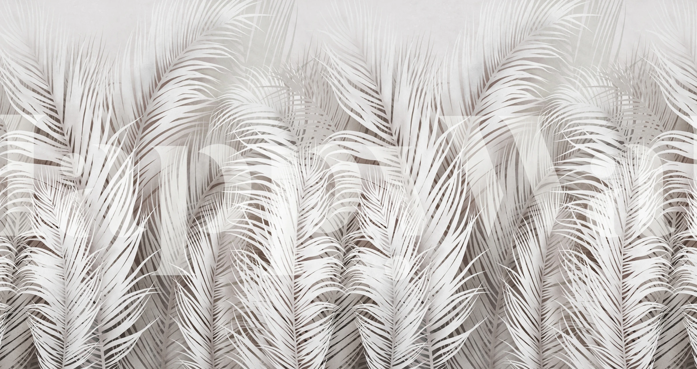 Tropical palm leaves wallpaper in soft white tones, botanical style