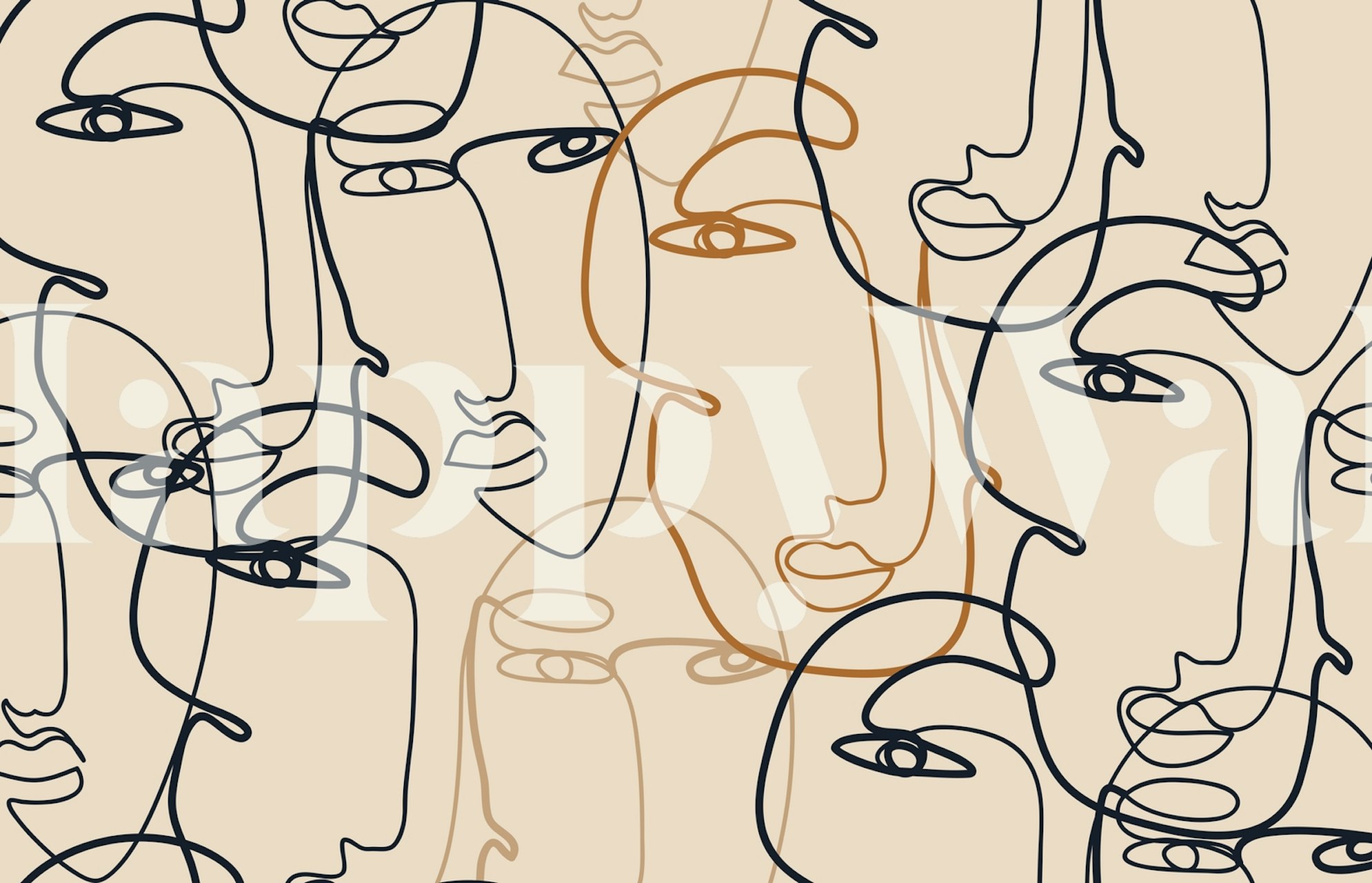 Continuous line art of faces in black, orange on beige wallpaper