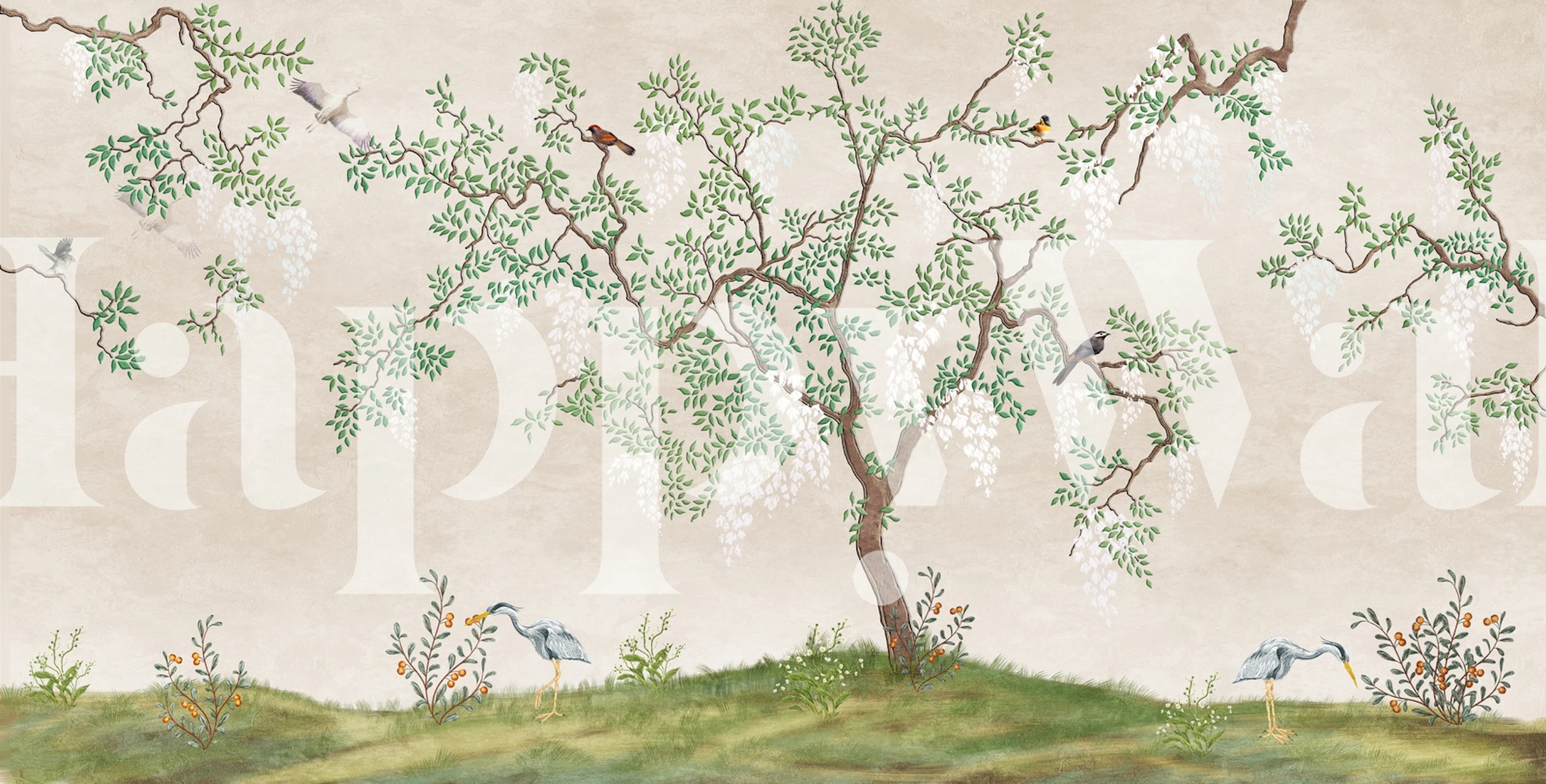 Birds and flowering trees in green tones wallpaper