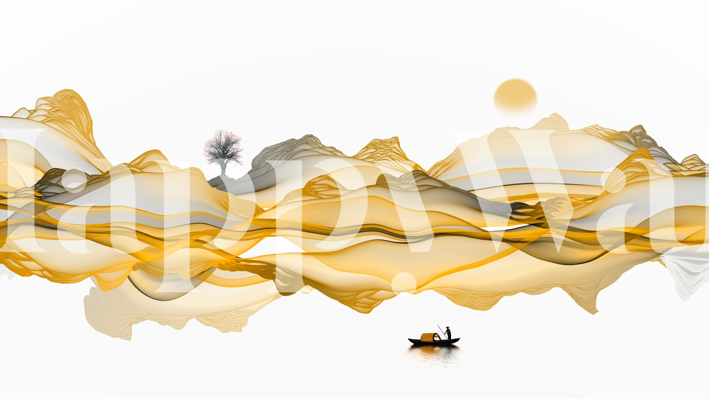 Abstract landscape with yellow waves and minimalist details wallpaper