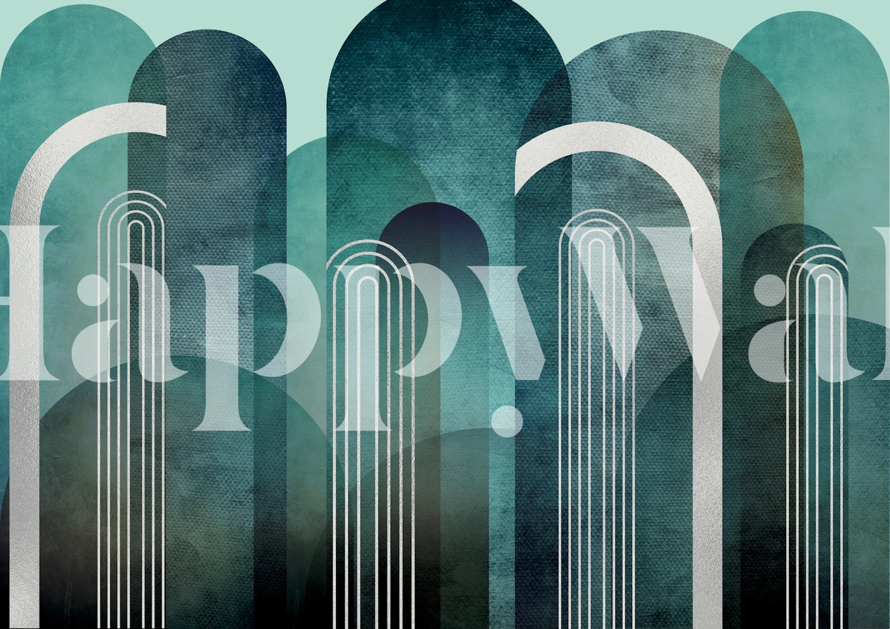 Geometric arch patterns in teal, green, and white wallpaper