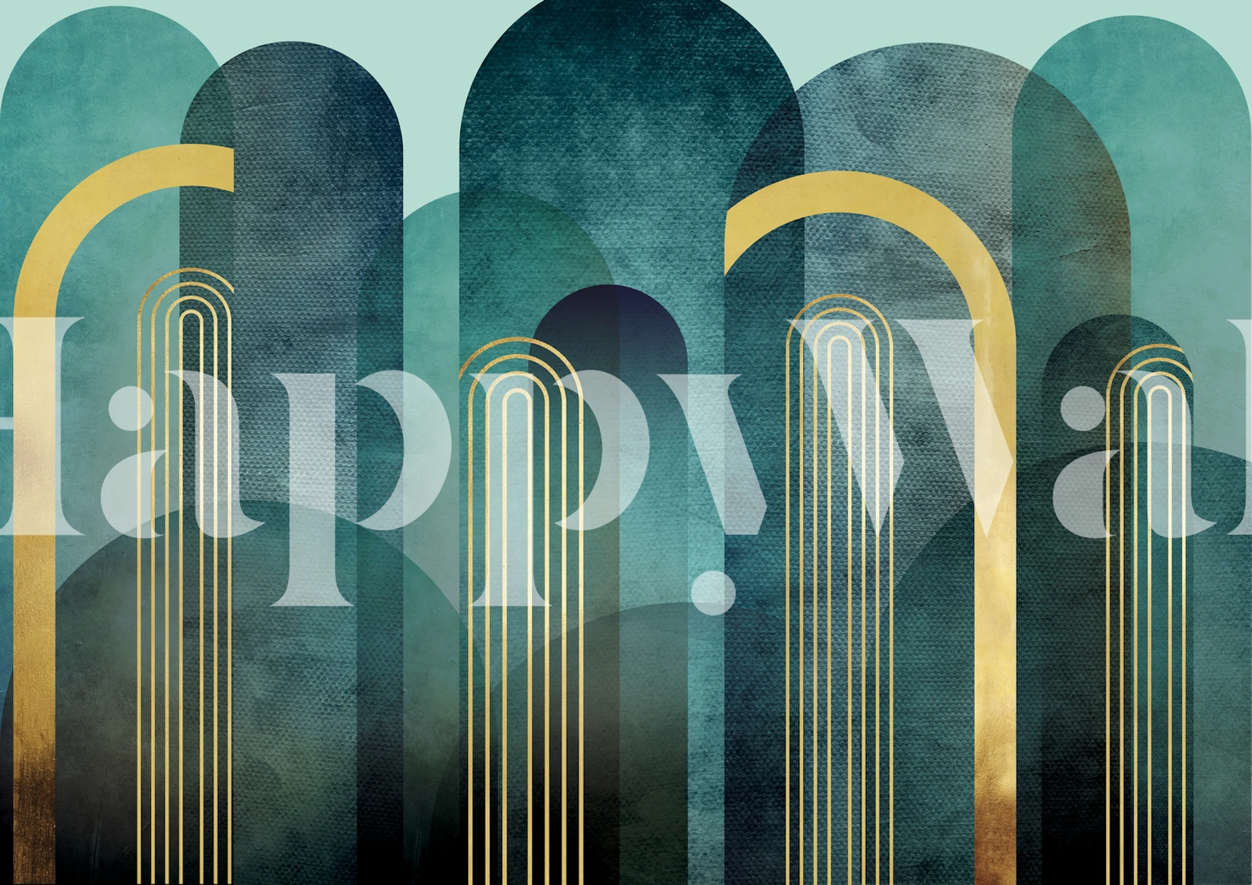 Geometric shapes and curved lines in teal and gold wallpaper