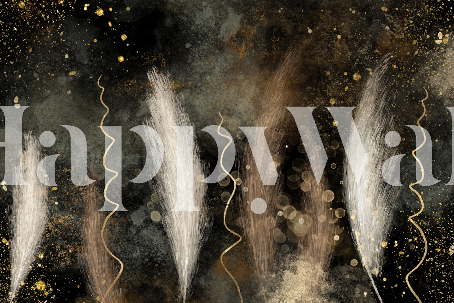 Pampas grass with beige and gold hues on black background wallpaper