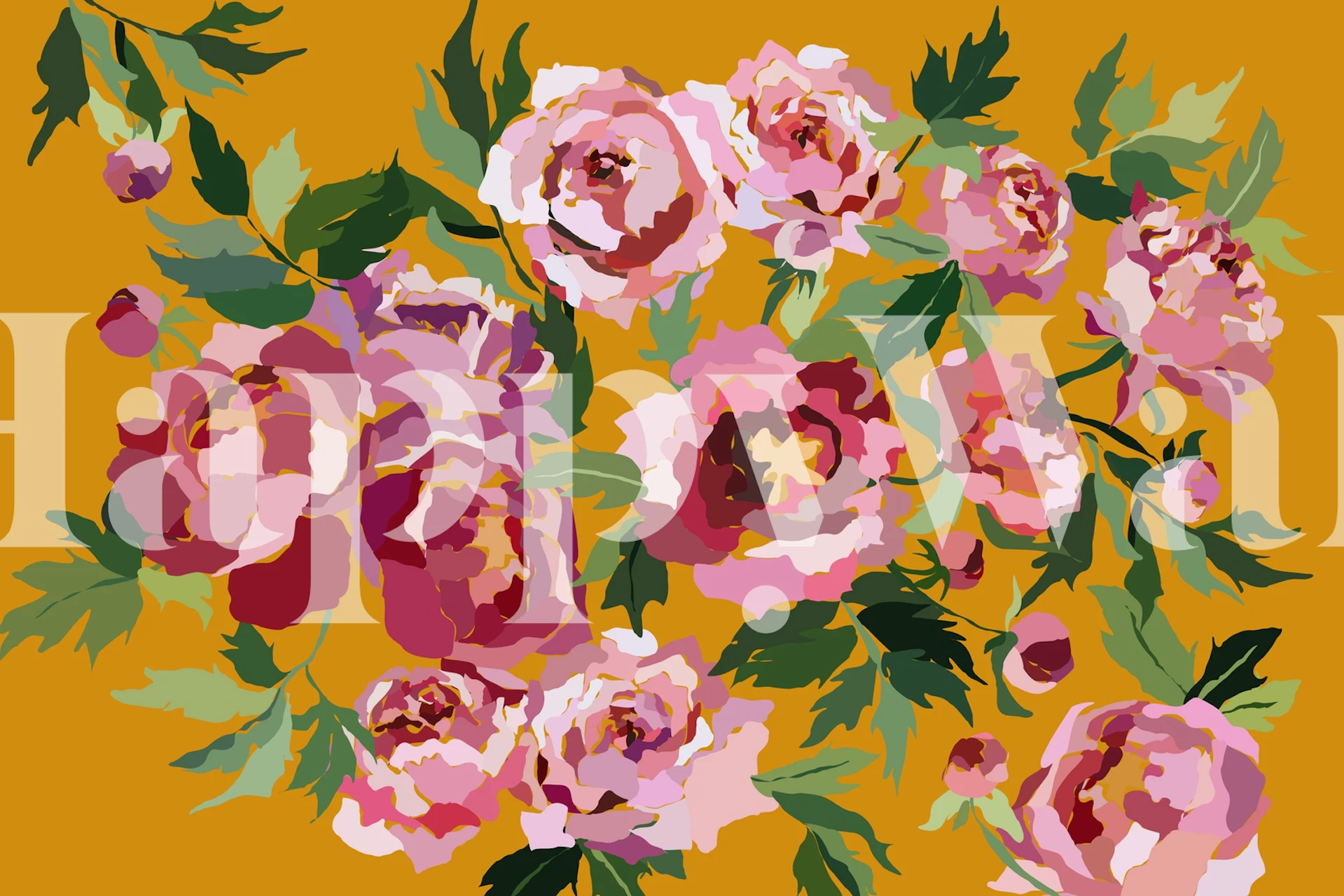Peony mustard yellow floral wallpaper design