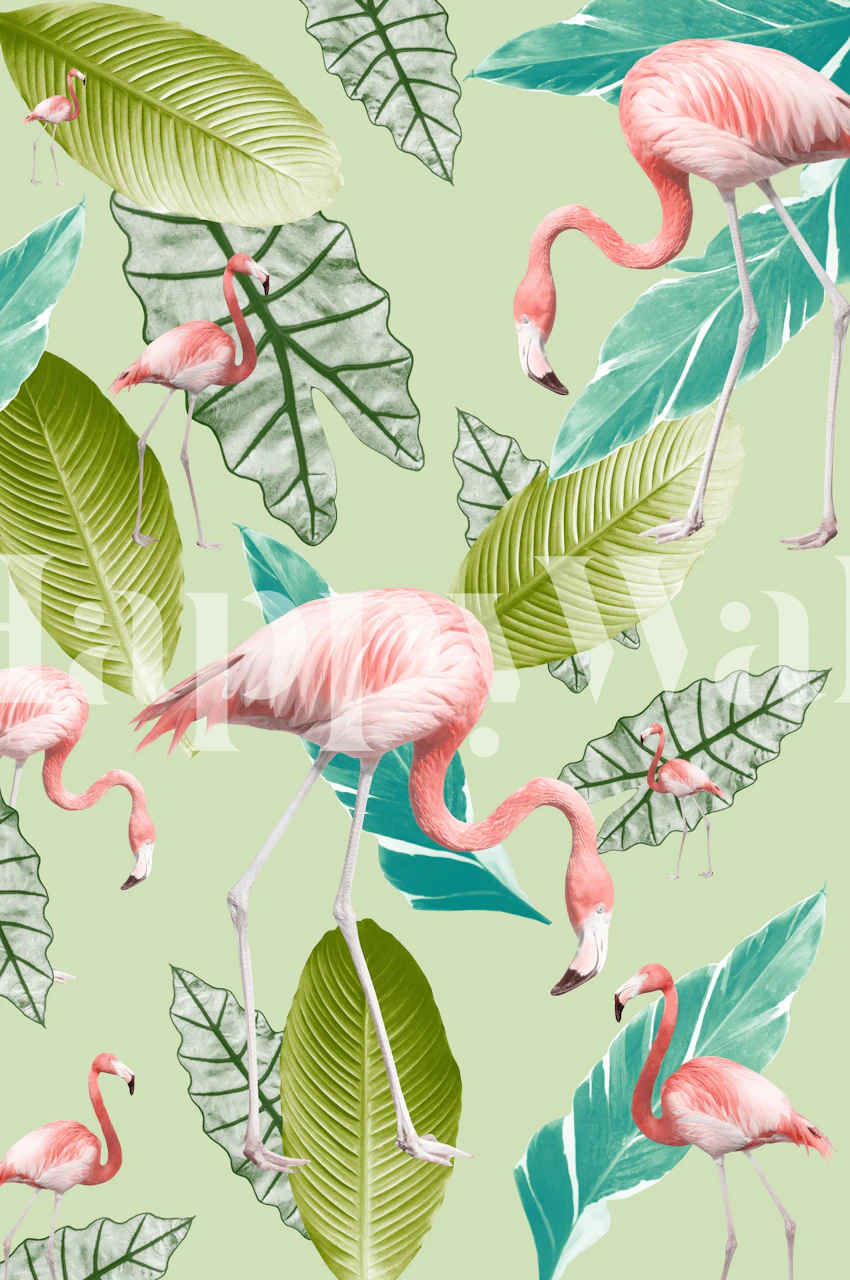Pastel flamingo wallpaper in a room
