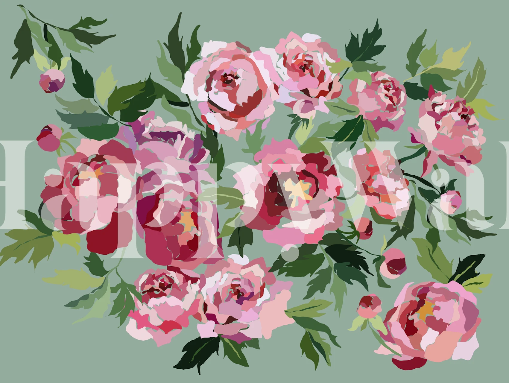 Pioninsininen harmaa taustaseinämaalaus, jossa on reheviä pioneja vaaleanpunaisissa ja punaisissa sävyissä