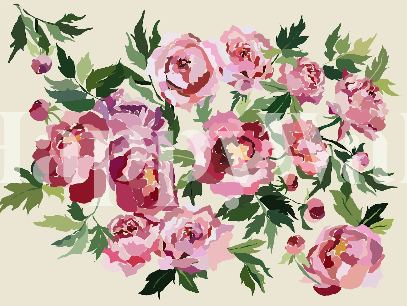 Pink peony flowers with green leaves on light gray background wallpaper