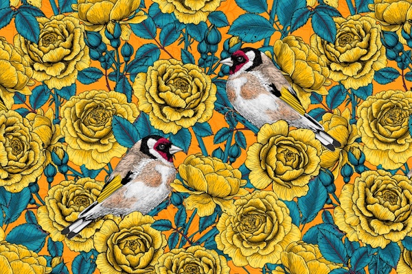 Yellow roses and birds