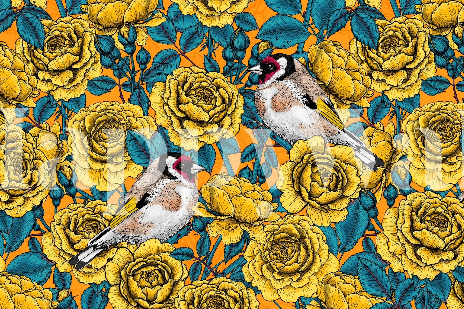 Yellow roses and birds wallpaper design