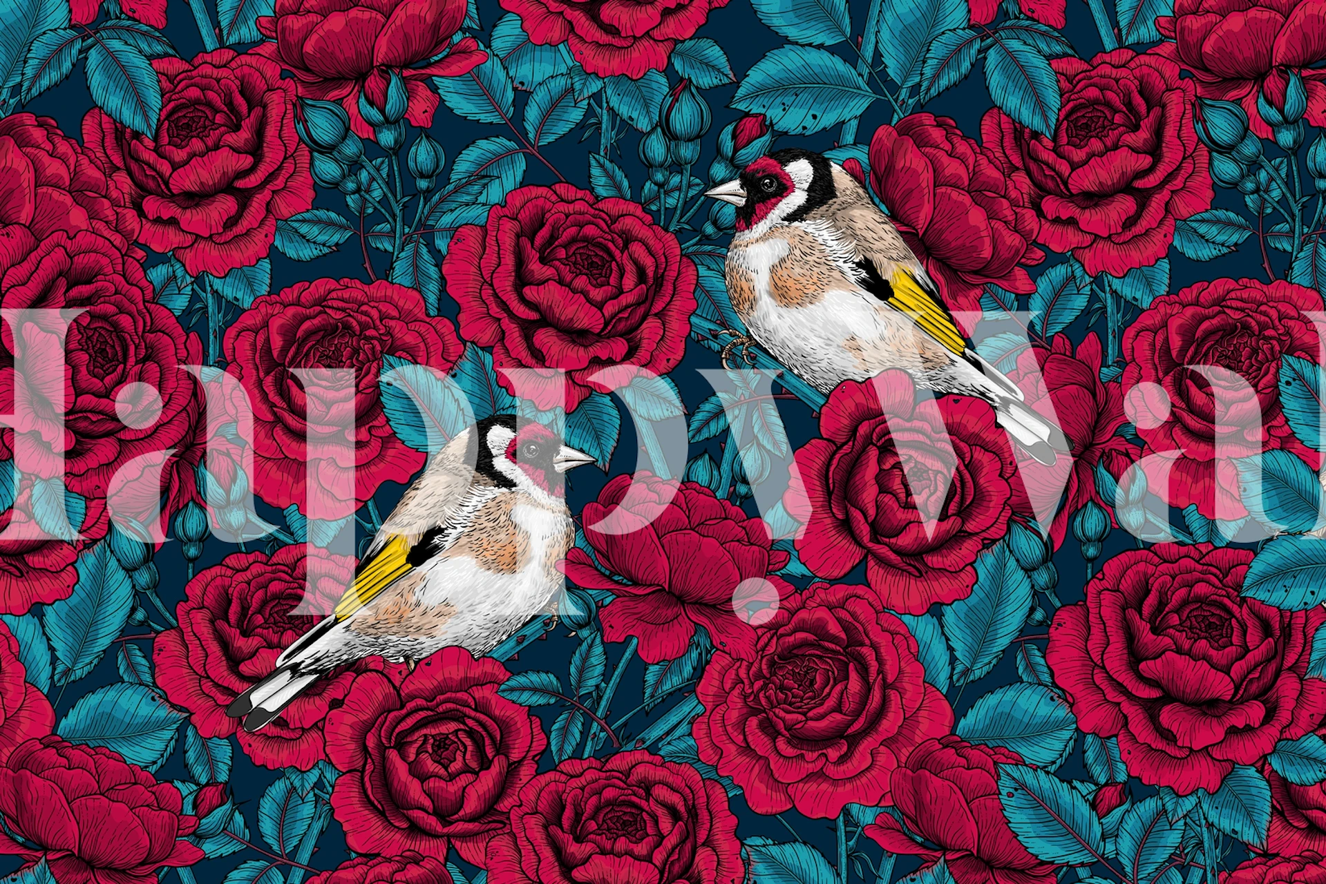 Red roses and birds tapetti huoneessa