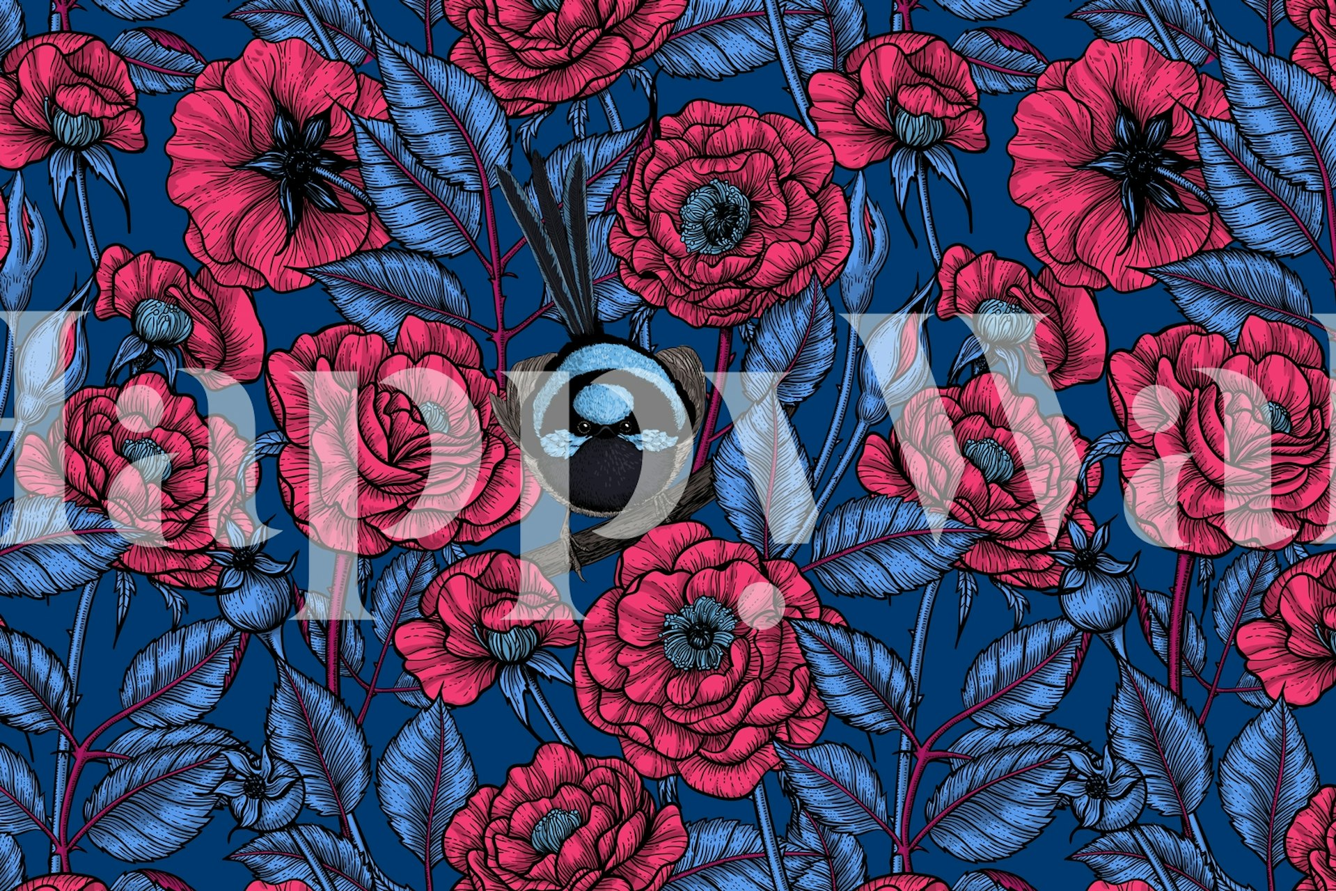 Bird design among vivid red roses on blue background wallpaper