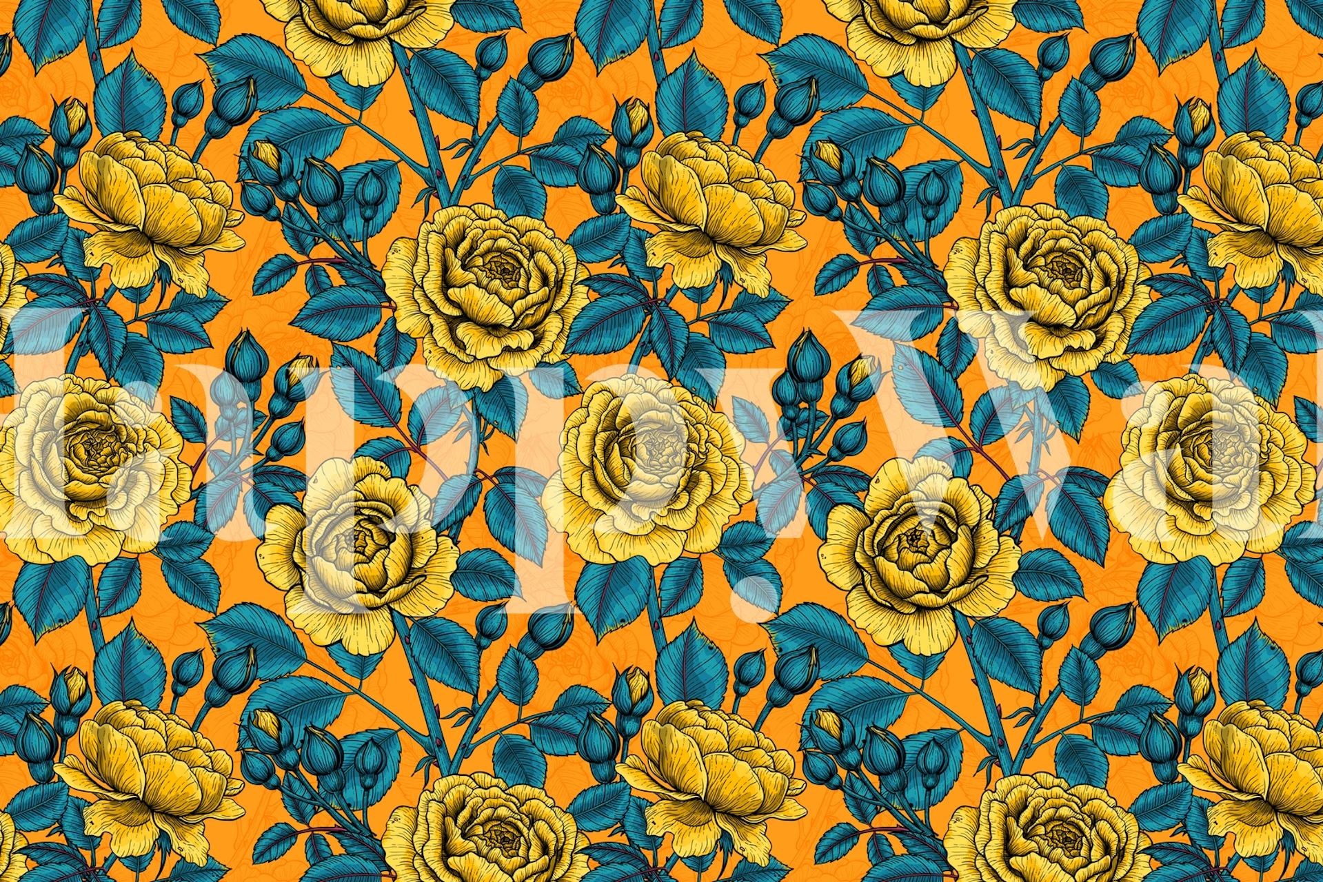 Yellow roses with blue leaves on orange background wallpaper