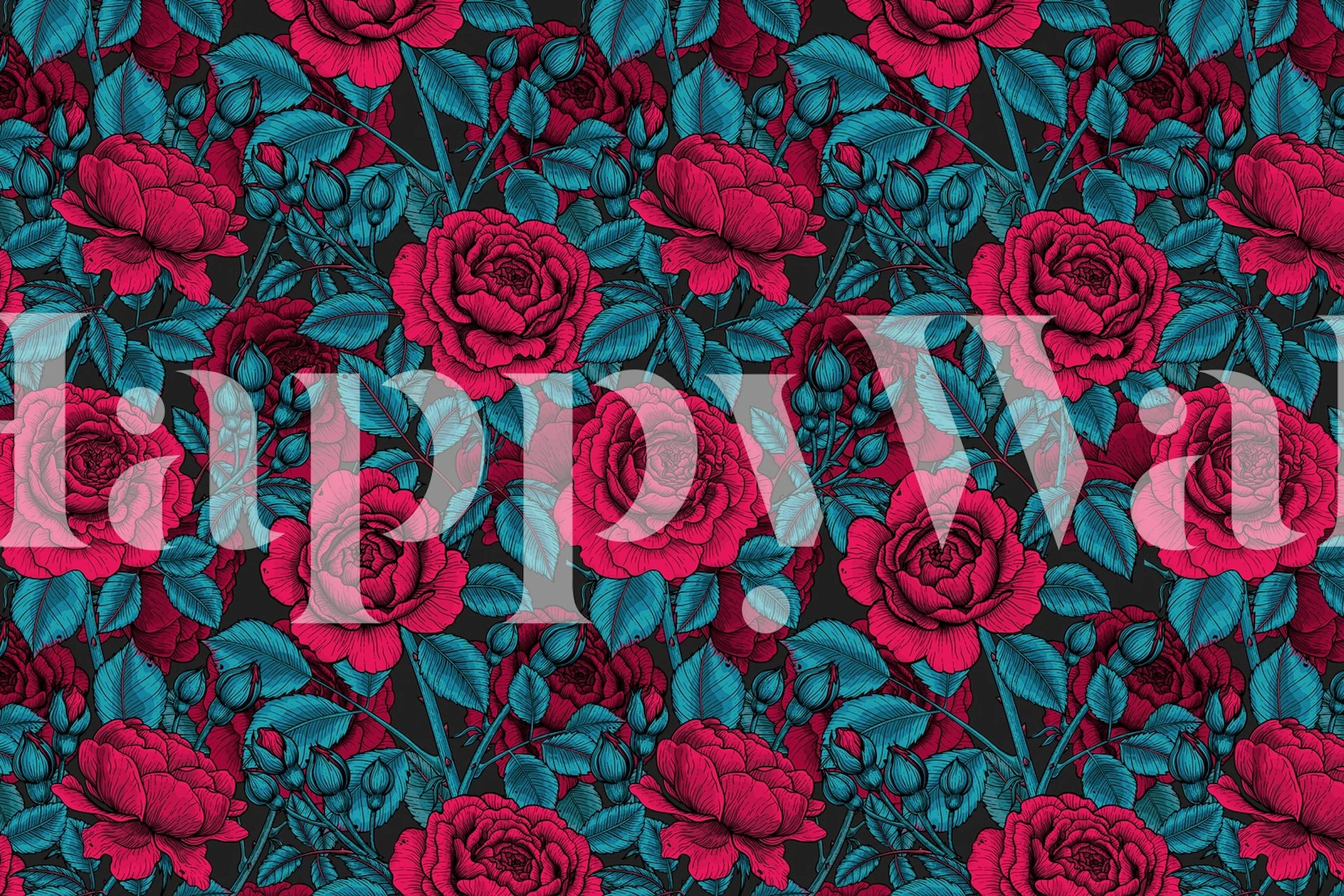 Pink roses and teal leaves floral pattern wallpaper