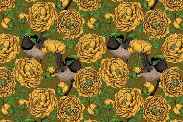 Yellow Peonies and wrens