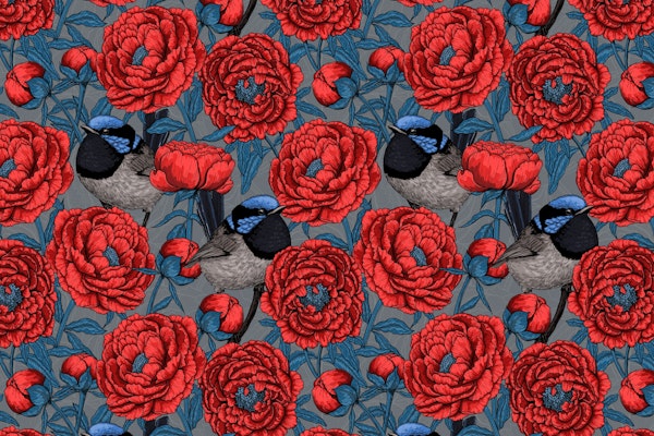 Red Peonies and wrens