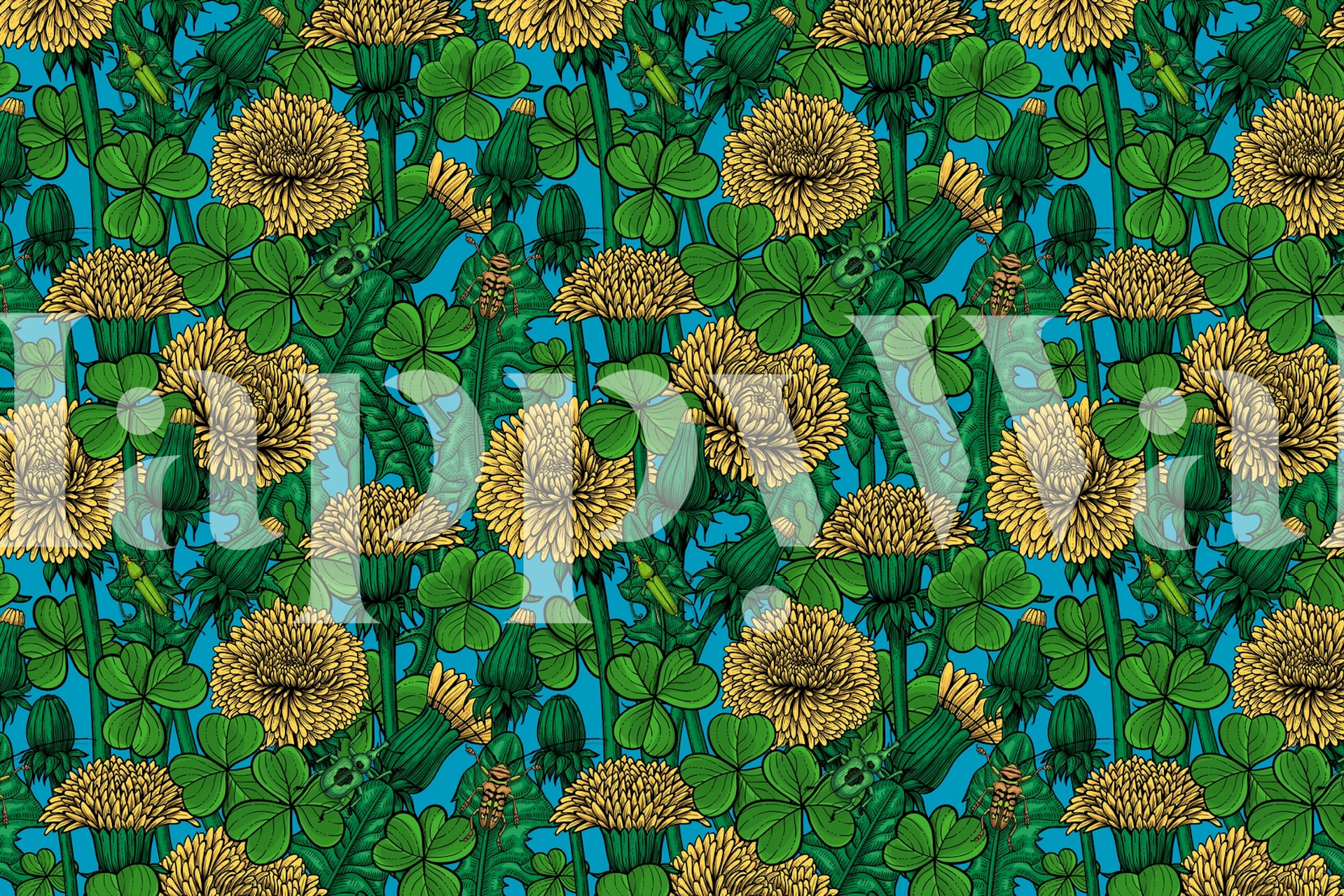 Zidna slika s maslačcima i djetelinom na plavoj pozadini