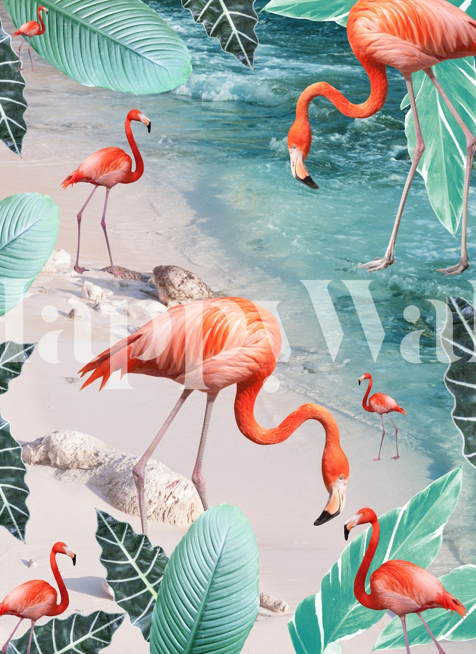 Tropical flamingo and green leaf patterns wallpaper