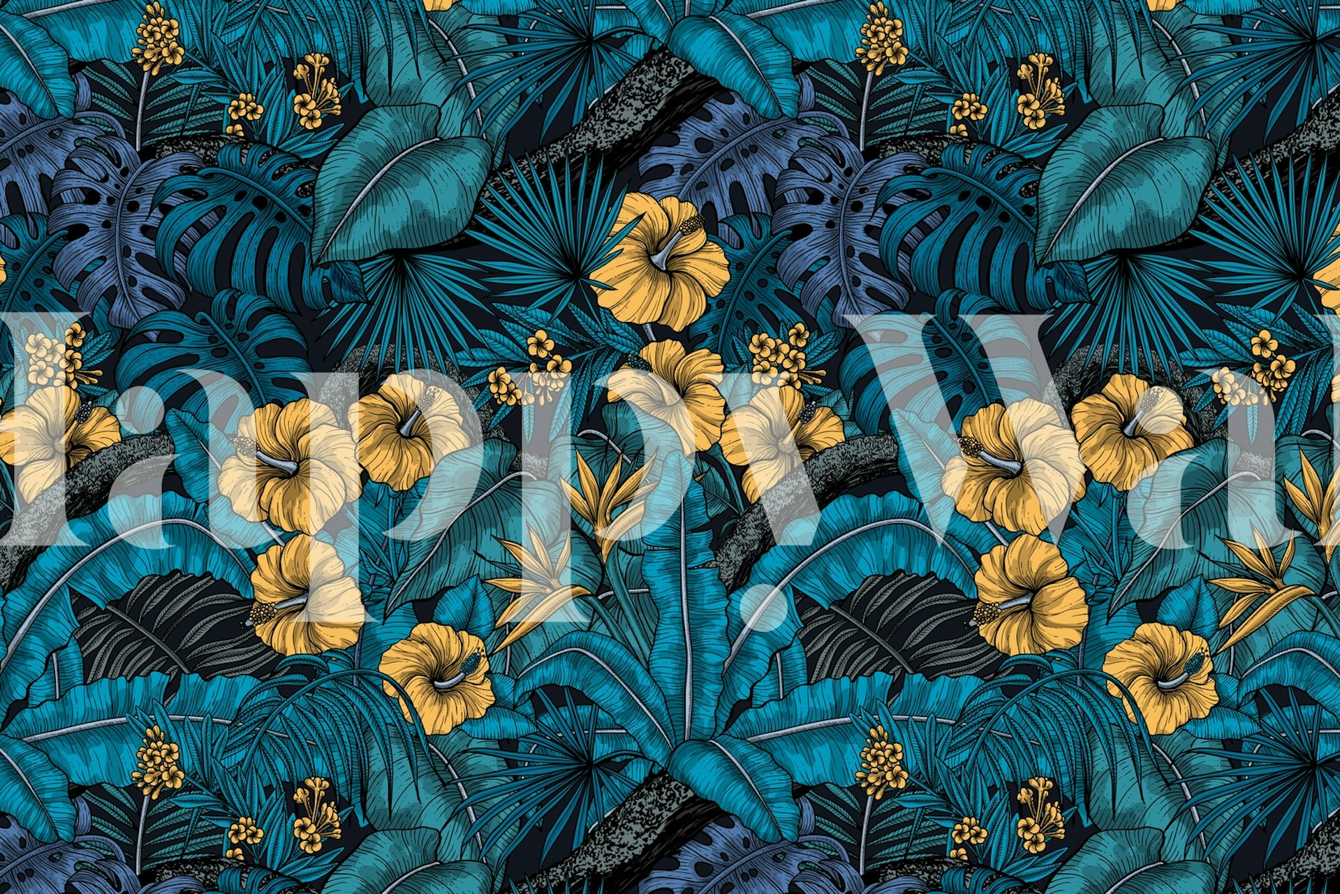 Tropical garden behang weergegeven in een kamer