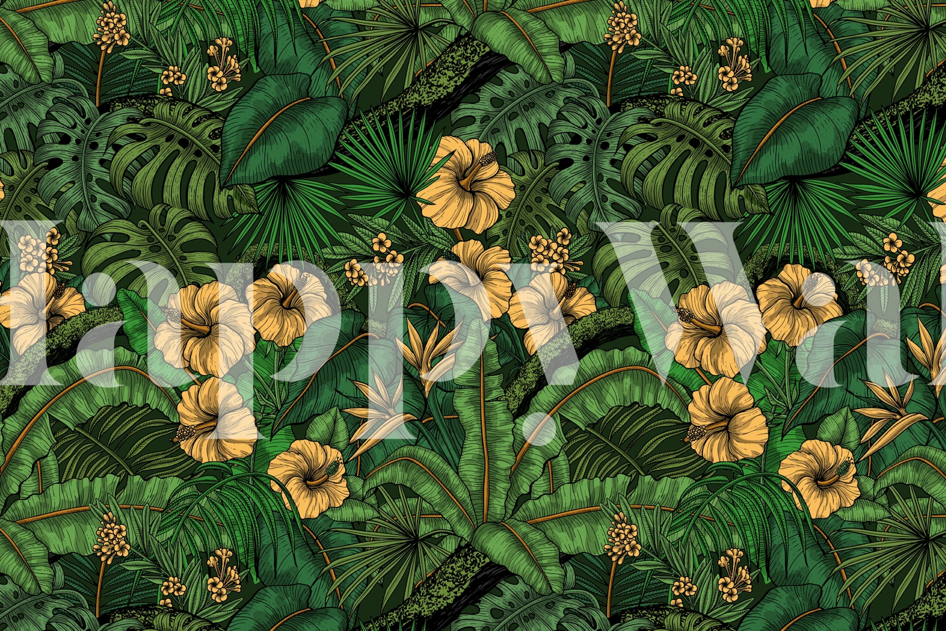 Tropical foliage with yellow flowers and green leaves wallpaper