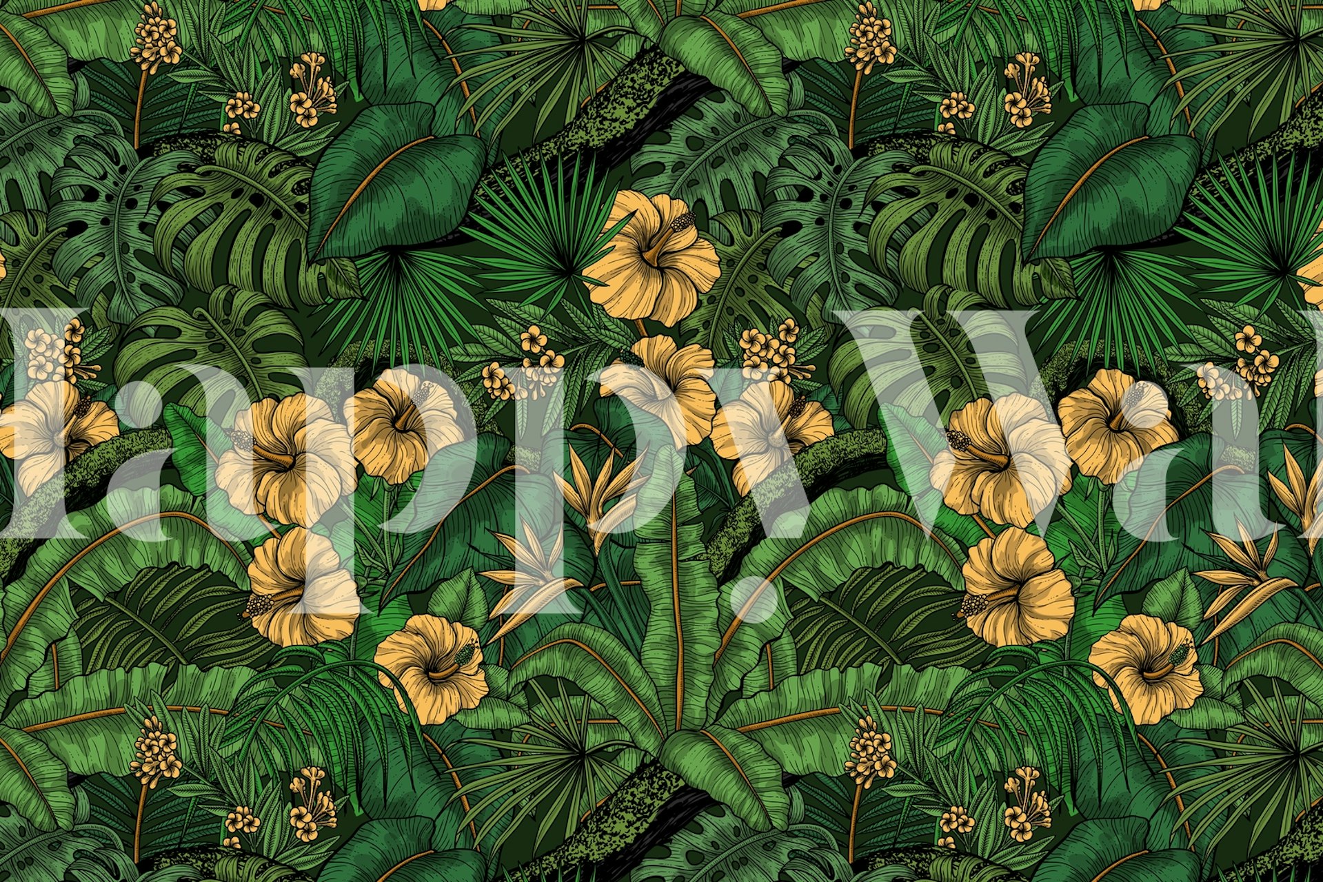 Tropical foliage with yellow flowers and green leaves wallpaper