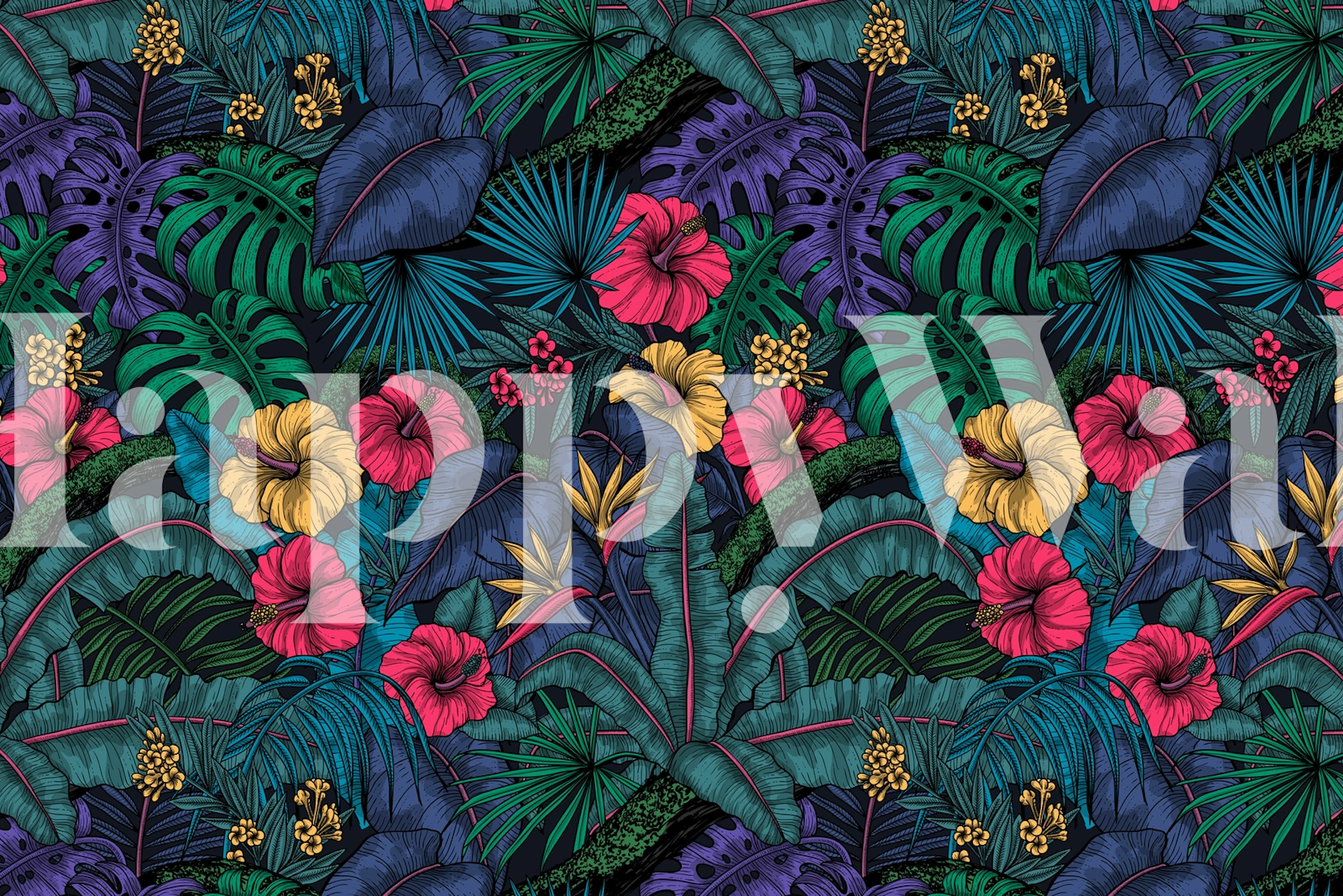 Tropical floral and leaf pattern in vibrant colors wallpaper