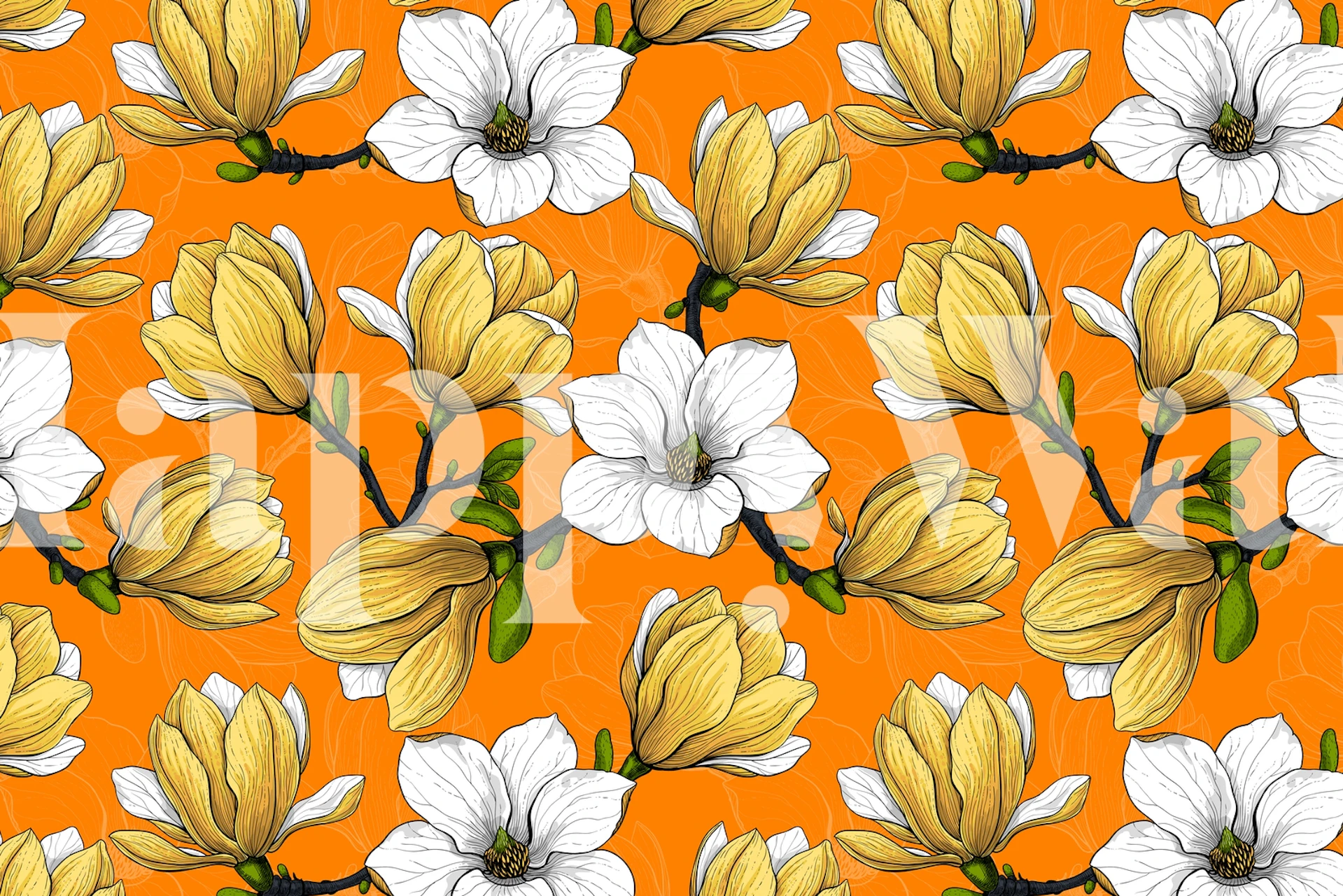Magnolia Garden 4 wall mural with white and yellow magnolia flowers on a vivid orange background