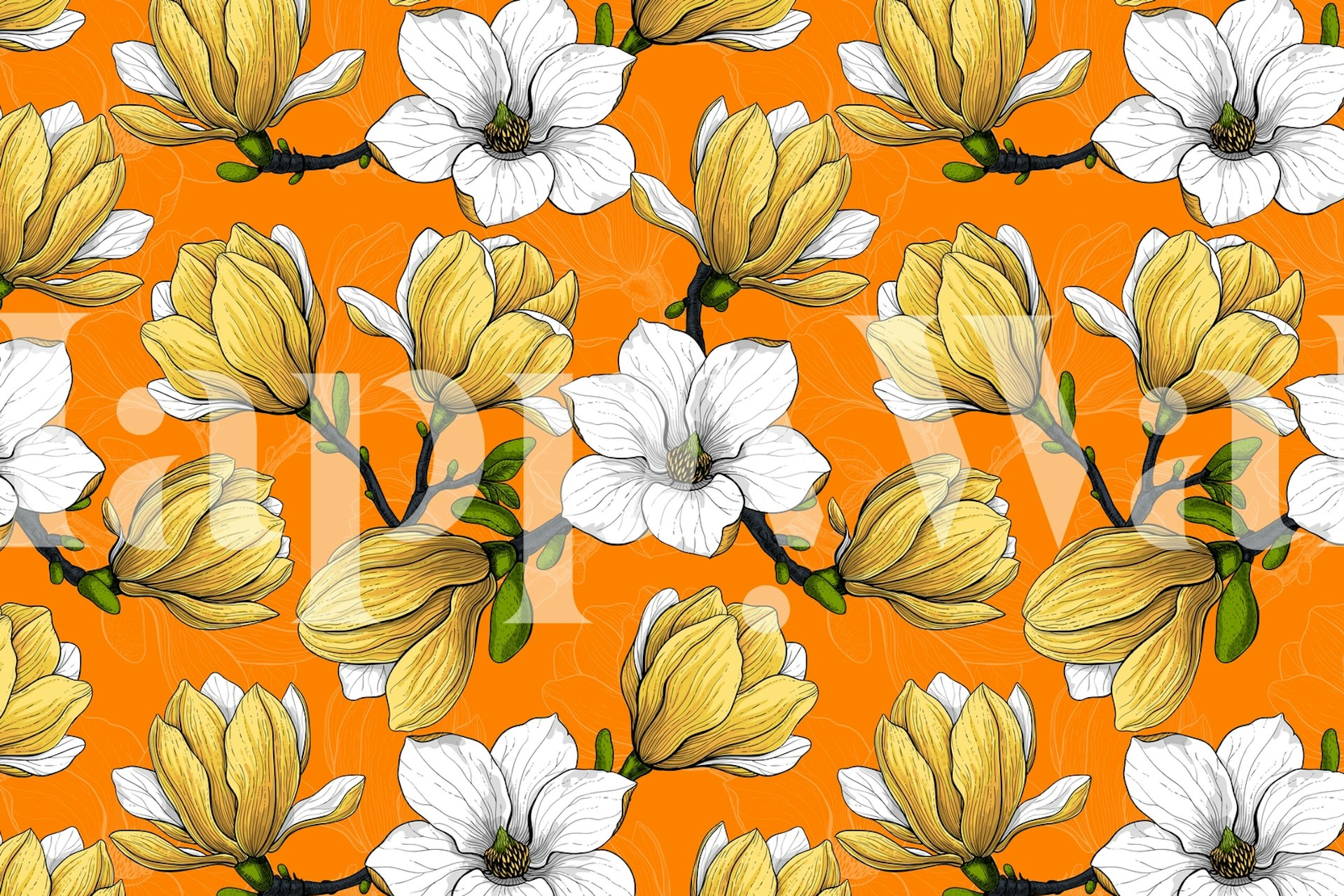 Magnolia Garden 4 wall mural with white and yellow magnolia flowers on a vivid orange background