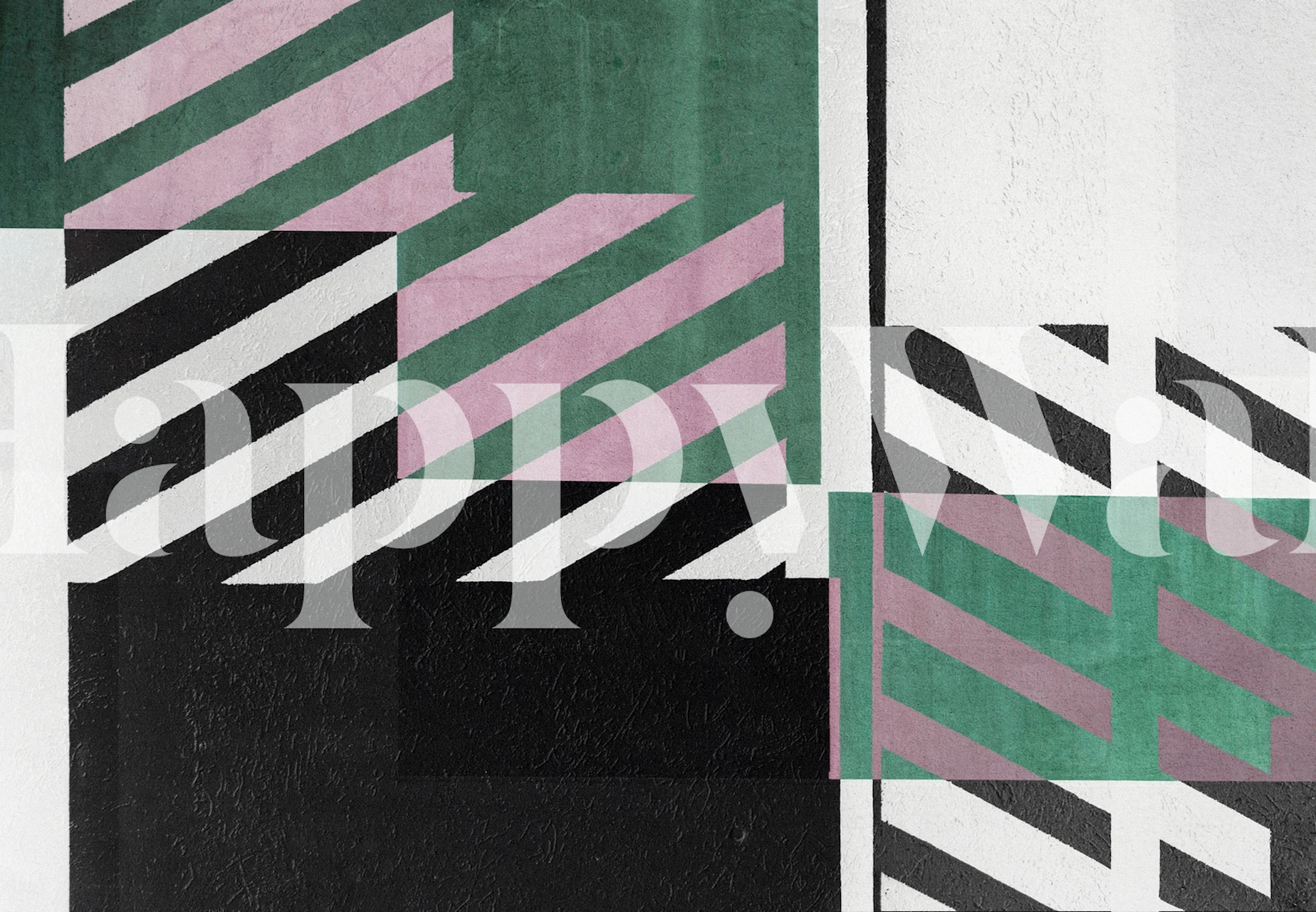 Mural geométrico abstrato Lambe Lambe 1 combinando elementos pretos, brancos e verdes