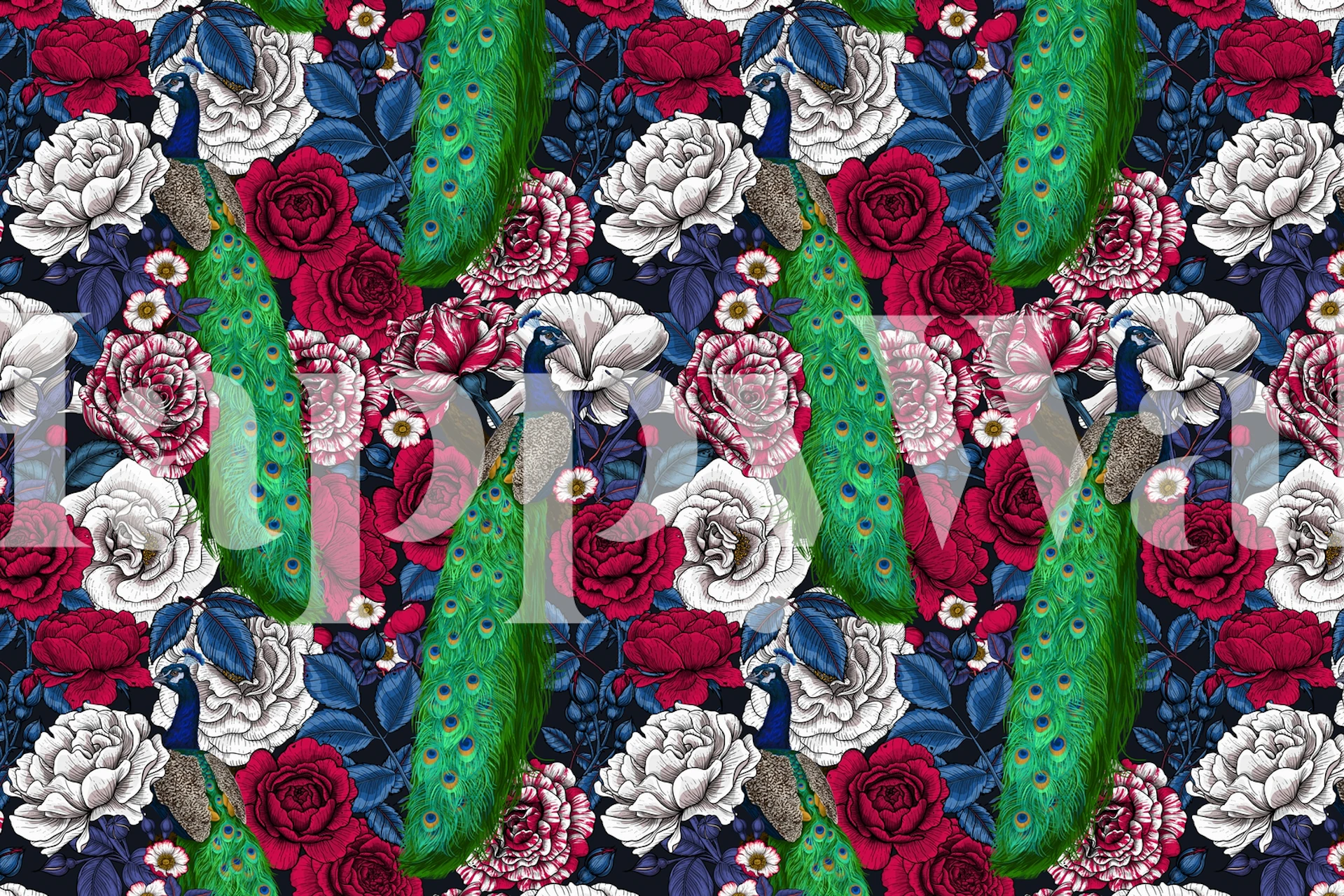 Floral patterns with peacocks featuring deep reds and greens wallpaper