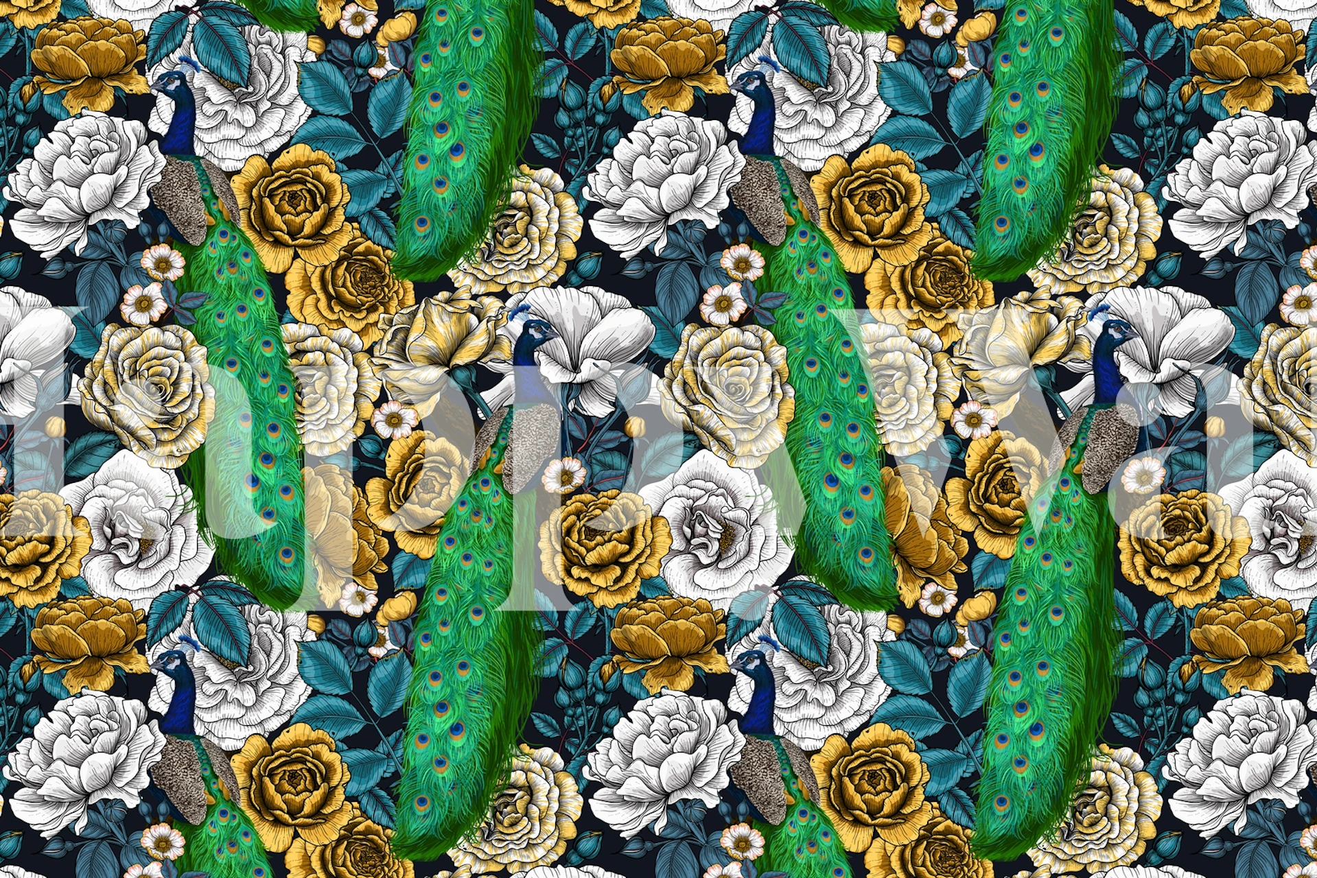 Peacock and rose garden wallpaper in room