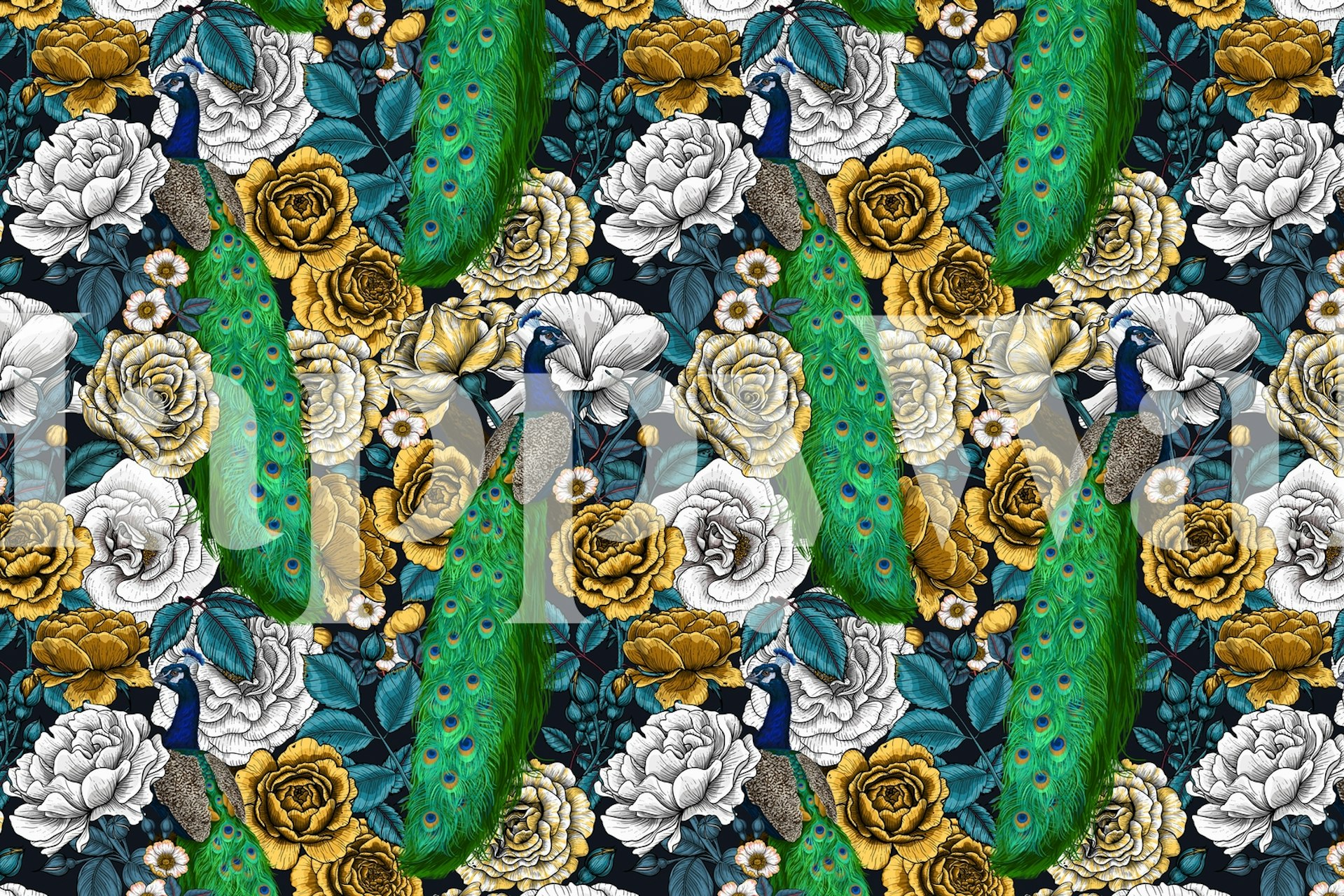 Peacock and rose garden wallpaper in room