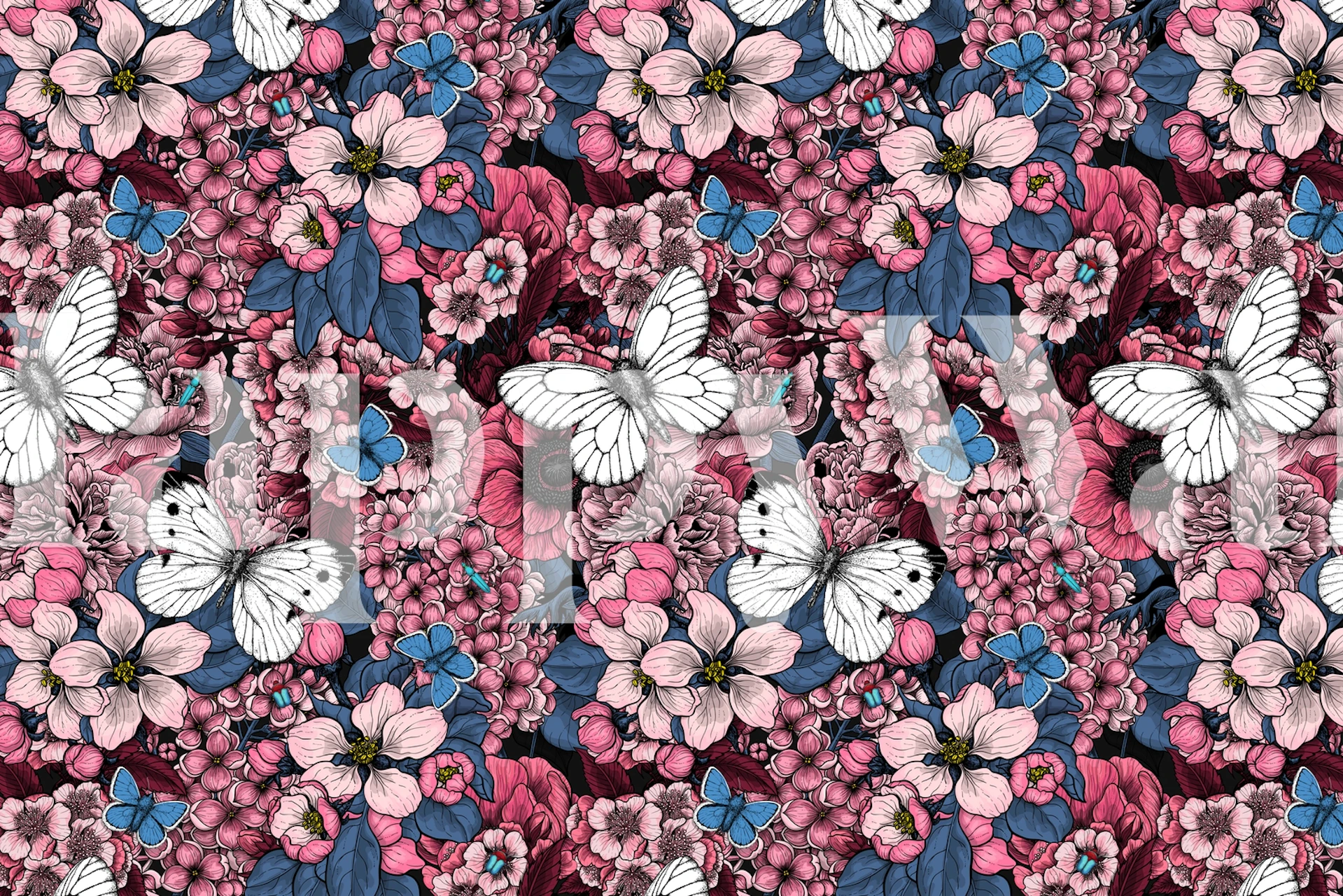 Floral wallpaper with pink and blue flowers and white butterflies