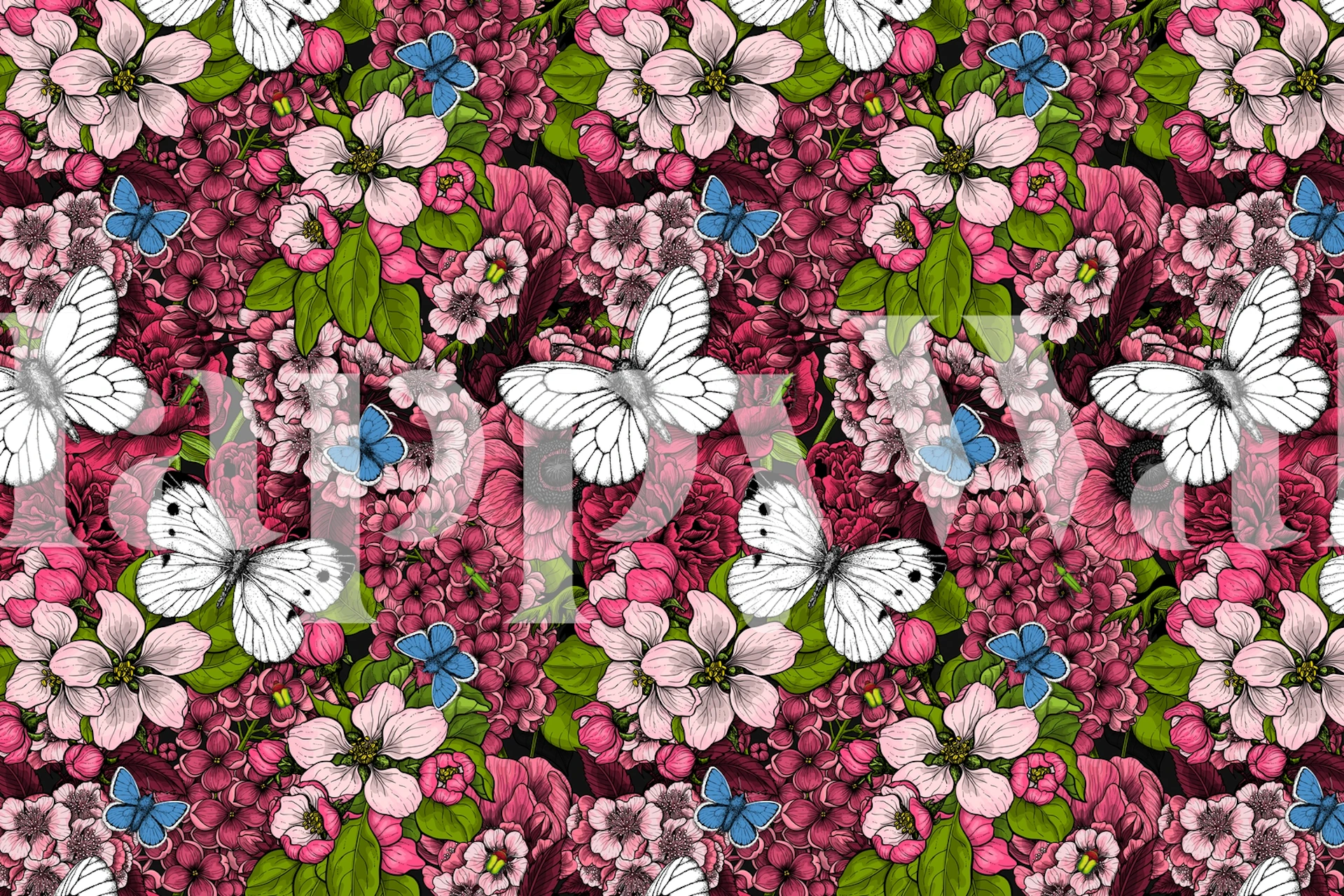 Floral wall mural featuring blossoms in pink and white with green foliage.