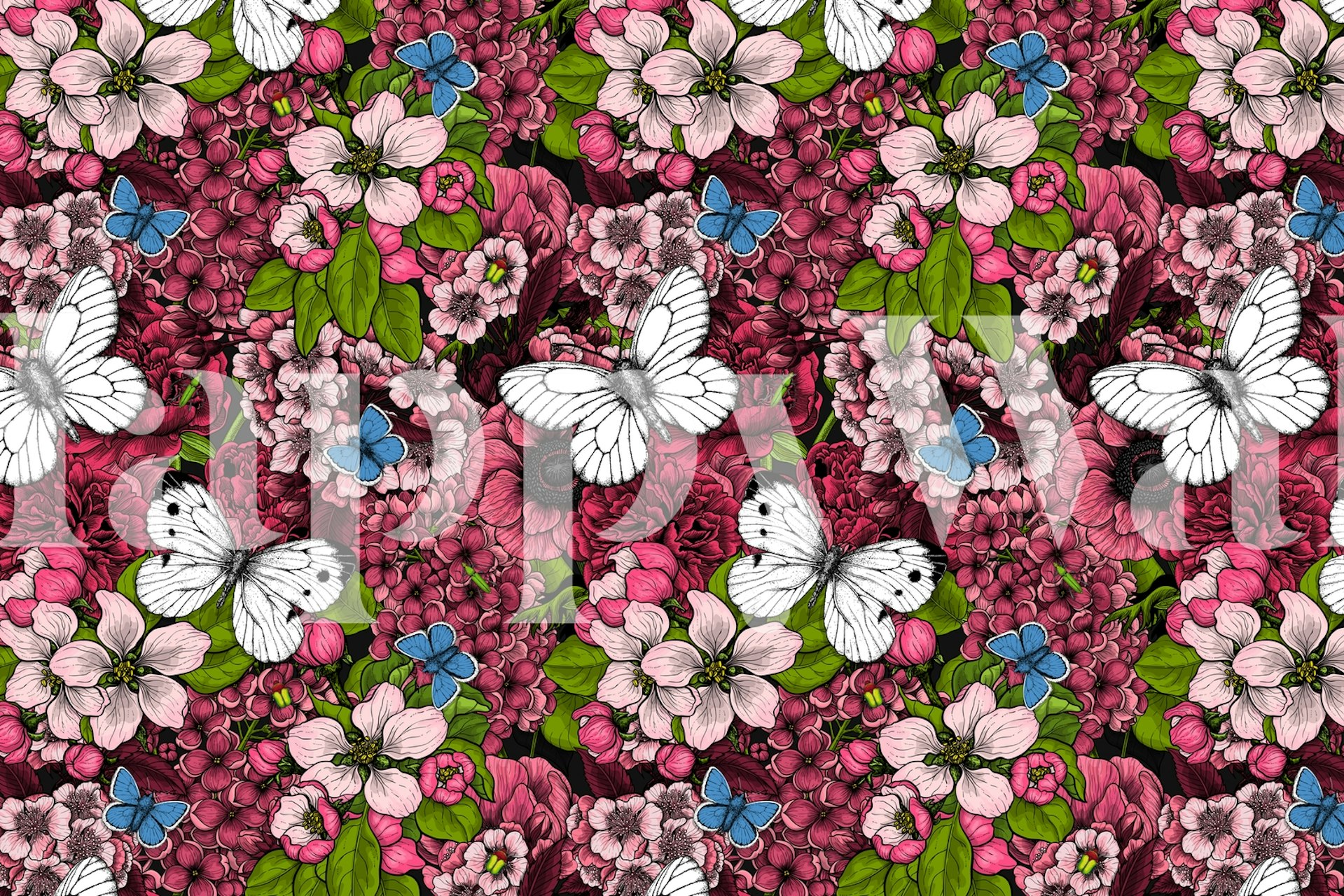 Bloemenmuurschildering met bloesems in roze en wit met groen blad.