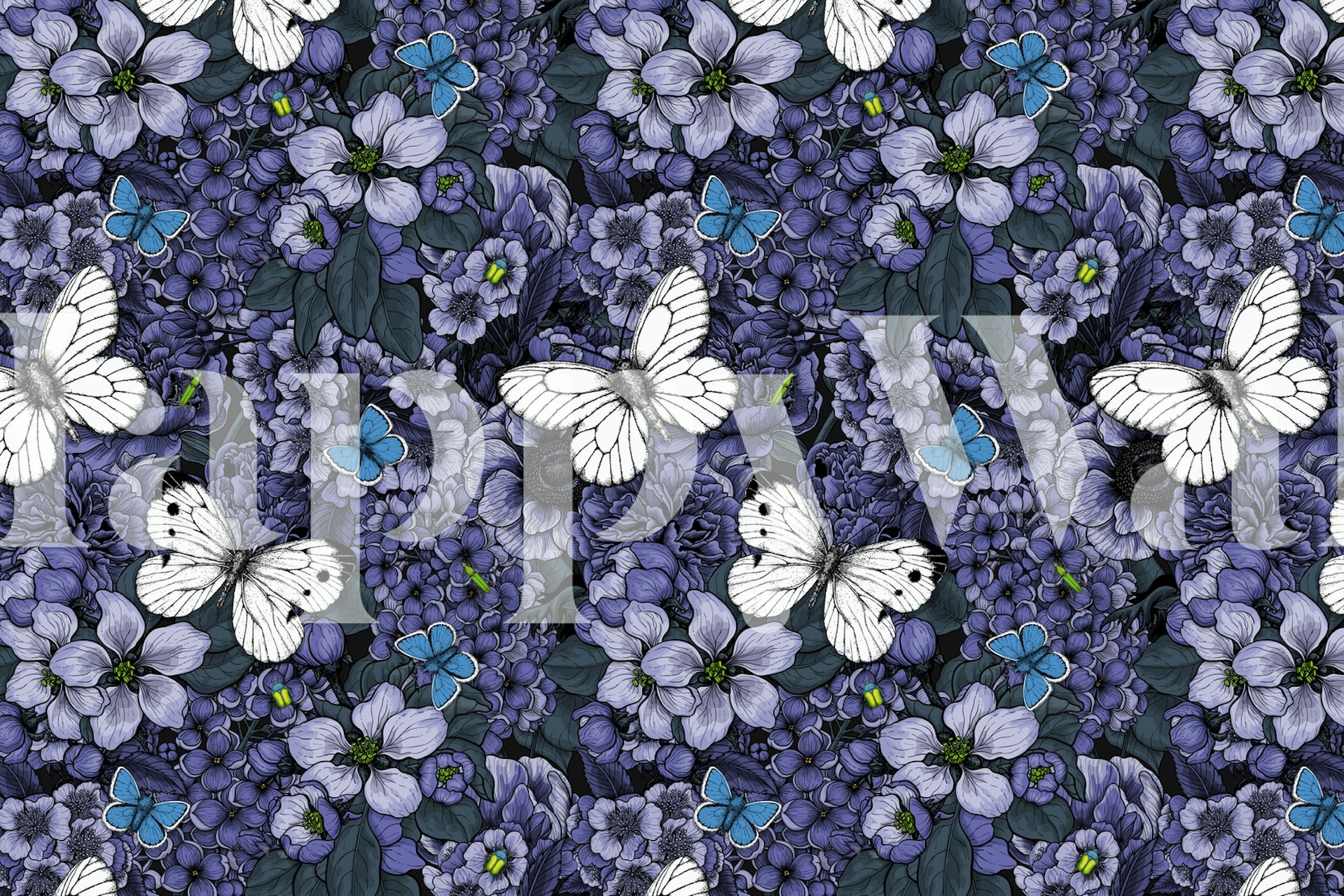 Purple floral wallpaper with butterflies and blue accents
