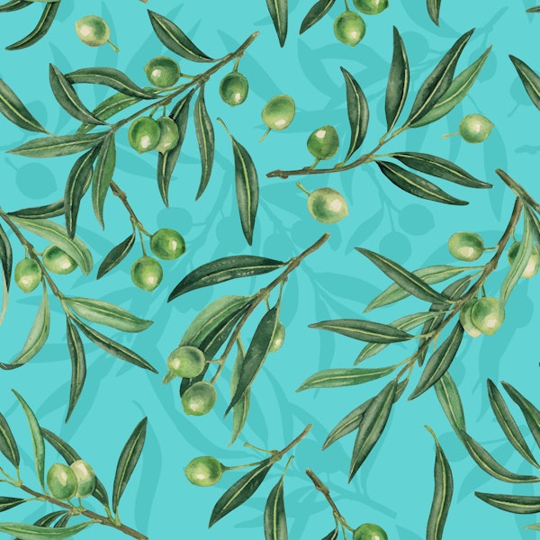 Olive branches watercolor on lagoon blue
