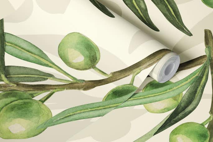 Olive branches watercolor on off whitewallpaper roll