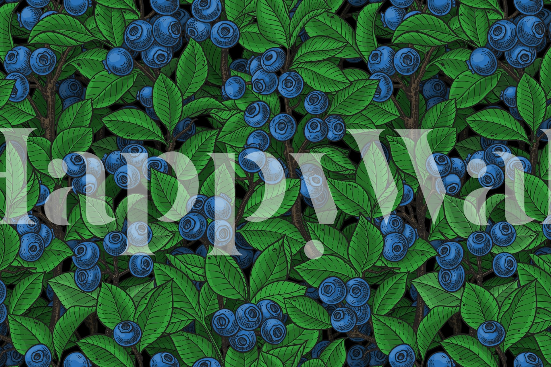 Blueberry garden floral design with green leaves and blue berries wallpaper