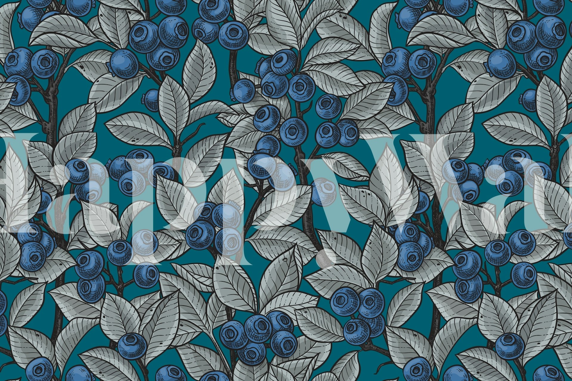 Blue blueberries and grey leaves on a teal background wallpaper