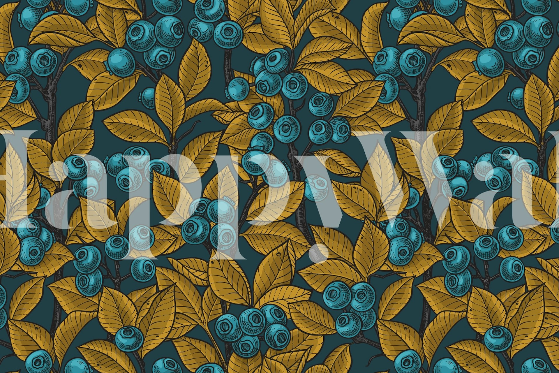 Blueberry Garden 4 wall mural with ripe blueberries and yellow leaves on a dark background