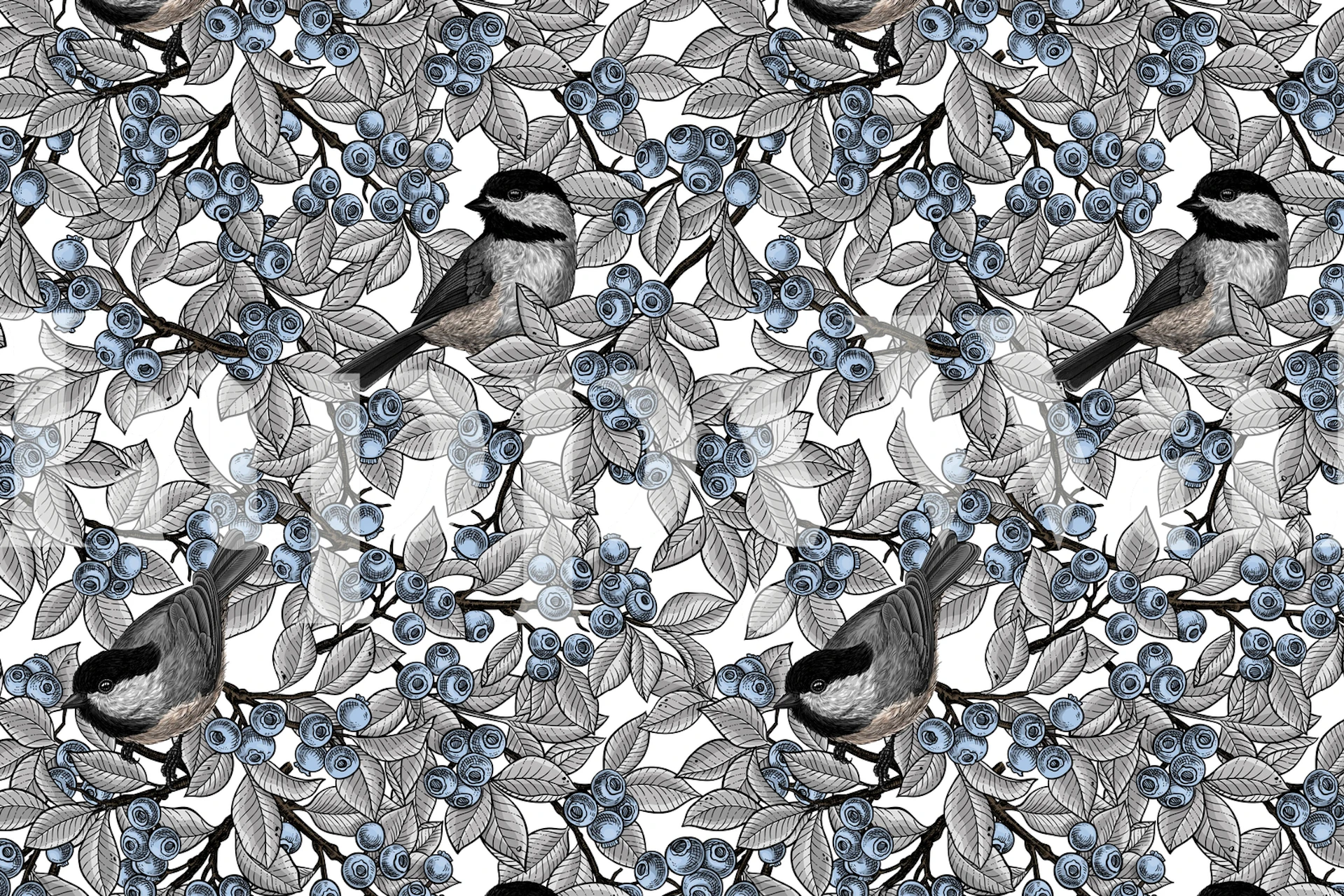 Fugle på blåbærgrene tapet i et rum