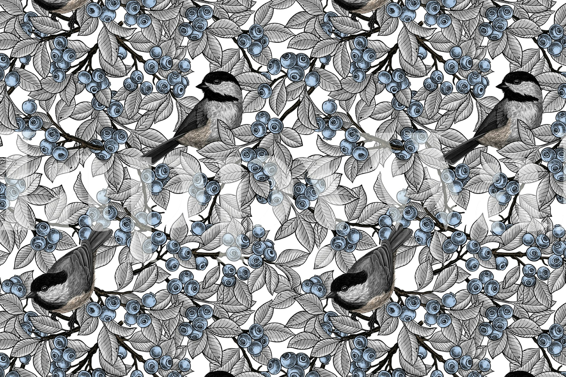 Birds on blueberry branches wallpaper in a room