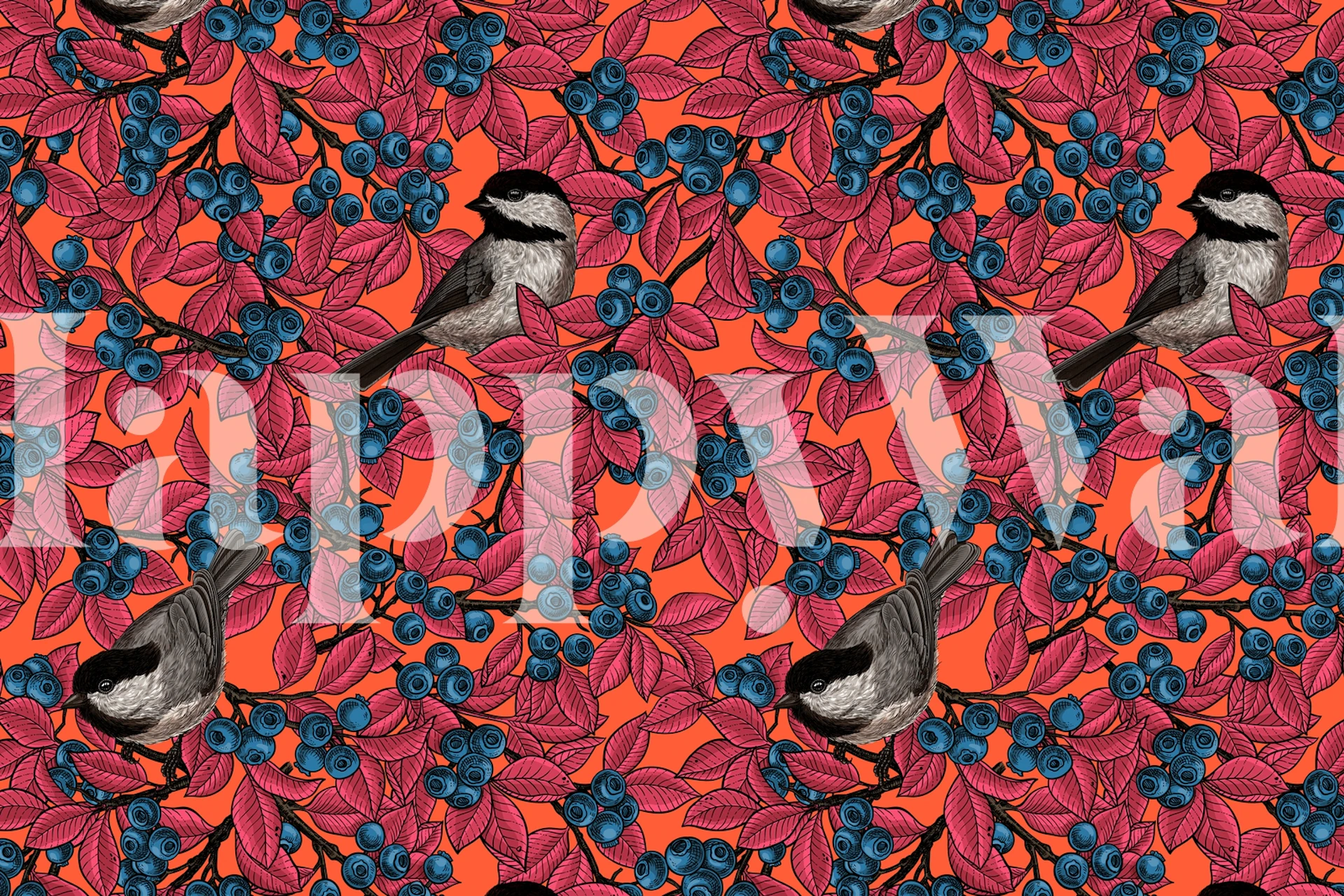 Pássaros empoleirados em galhos de mirtilo com fundo de cor quente em um mural de parede