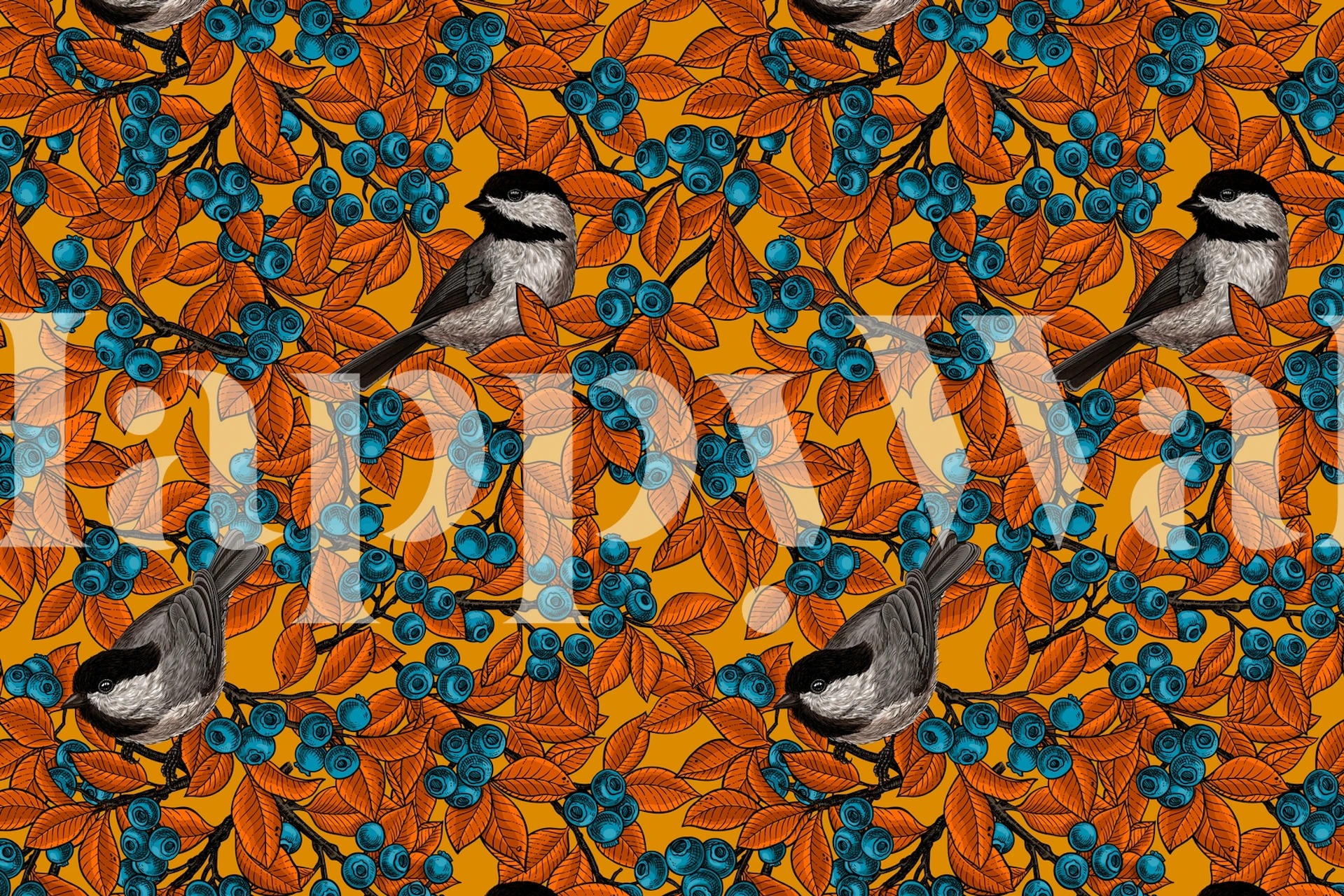 Birds on blueberry branches with orange leaves and blue berries wallpaper