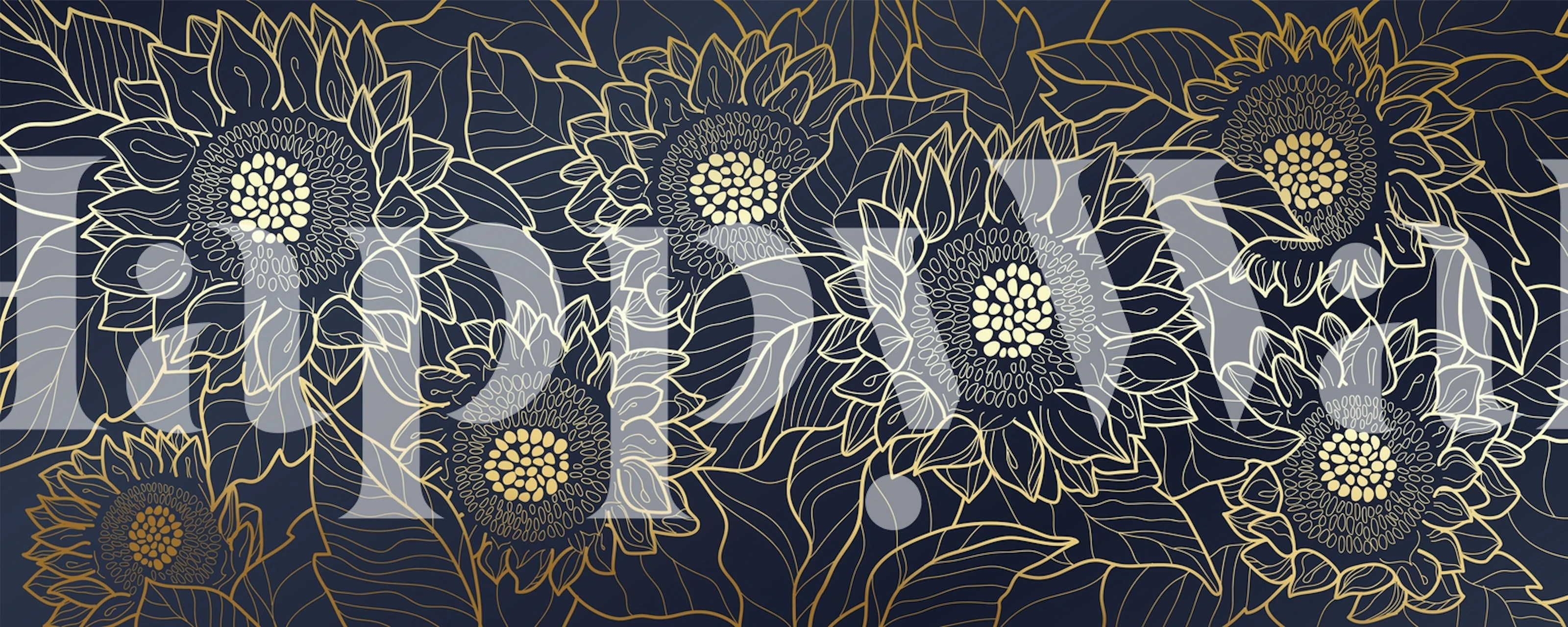 Fotomural vinílico de parede estilizado de linha de girassol em um fundo azul marinho com detalhes dourados