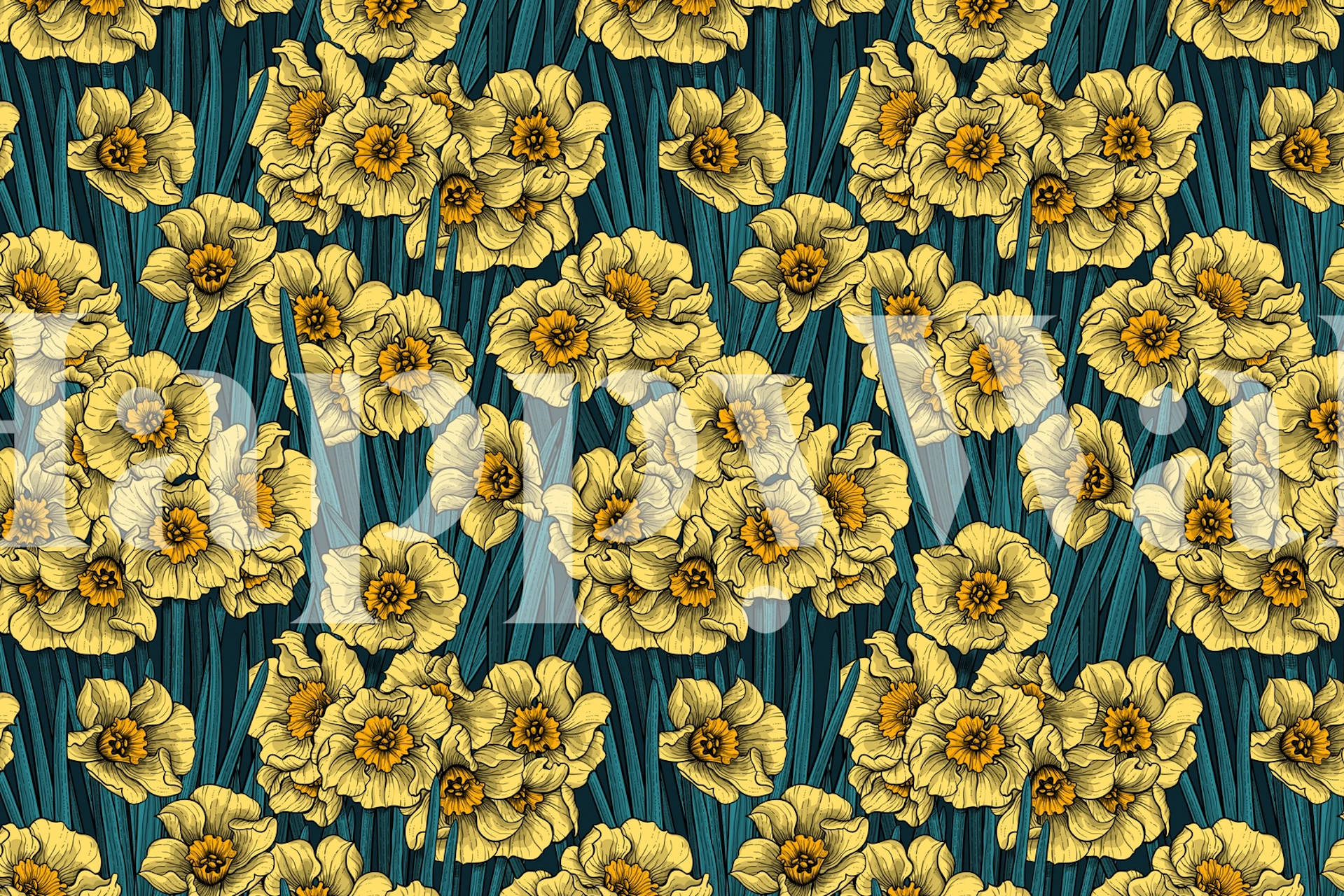 Golden daffodils on teal background wall mural
