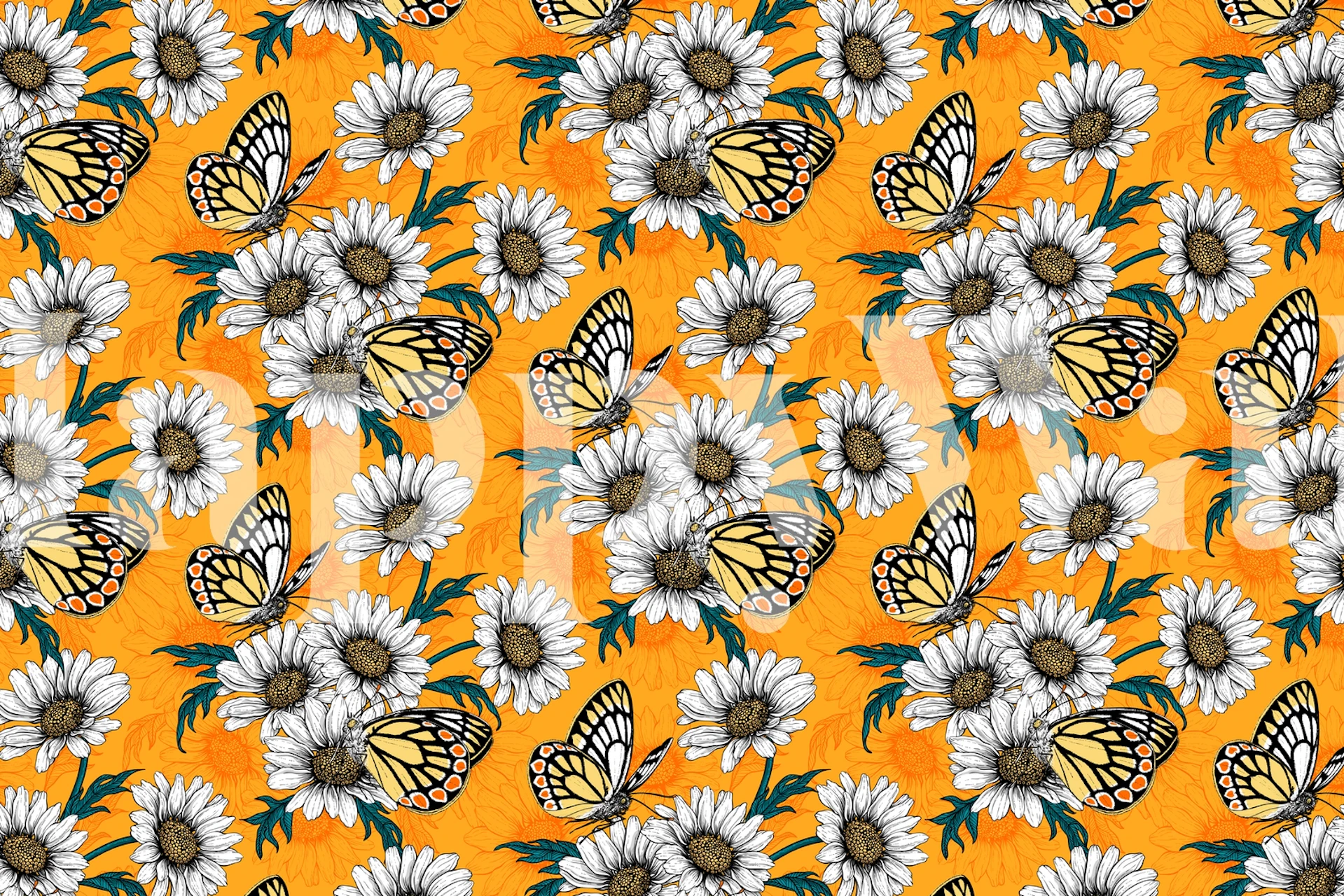 Butterflies and daisies on bright orange background wallpaper
