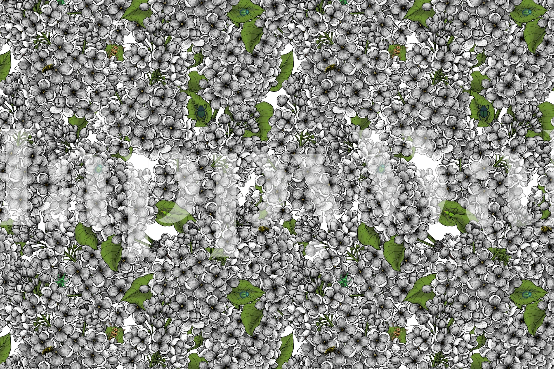 White lilac flowers and green leaves pattern wallpaper