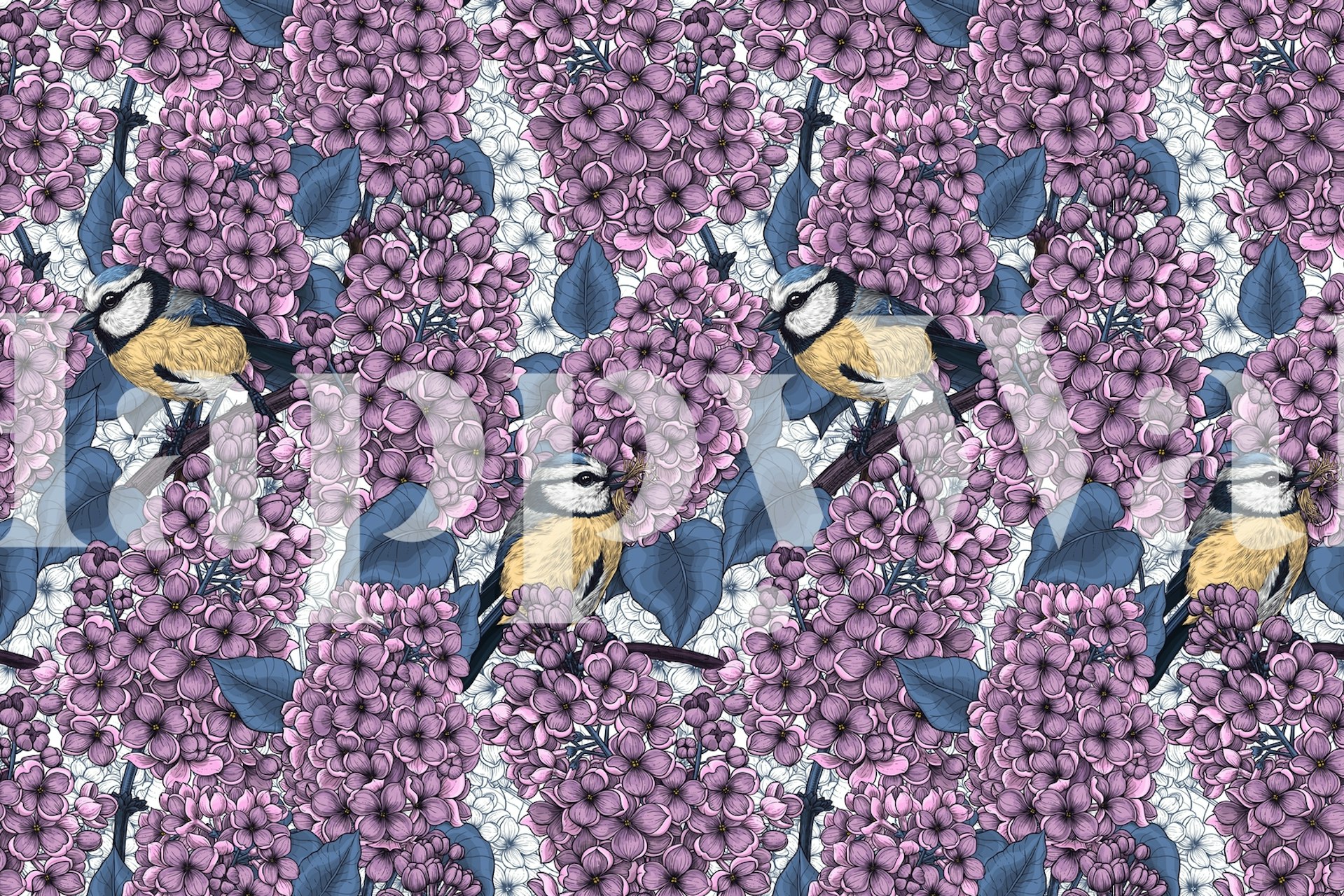 Wall mural of tit birds in a purple lilac garden