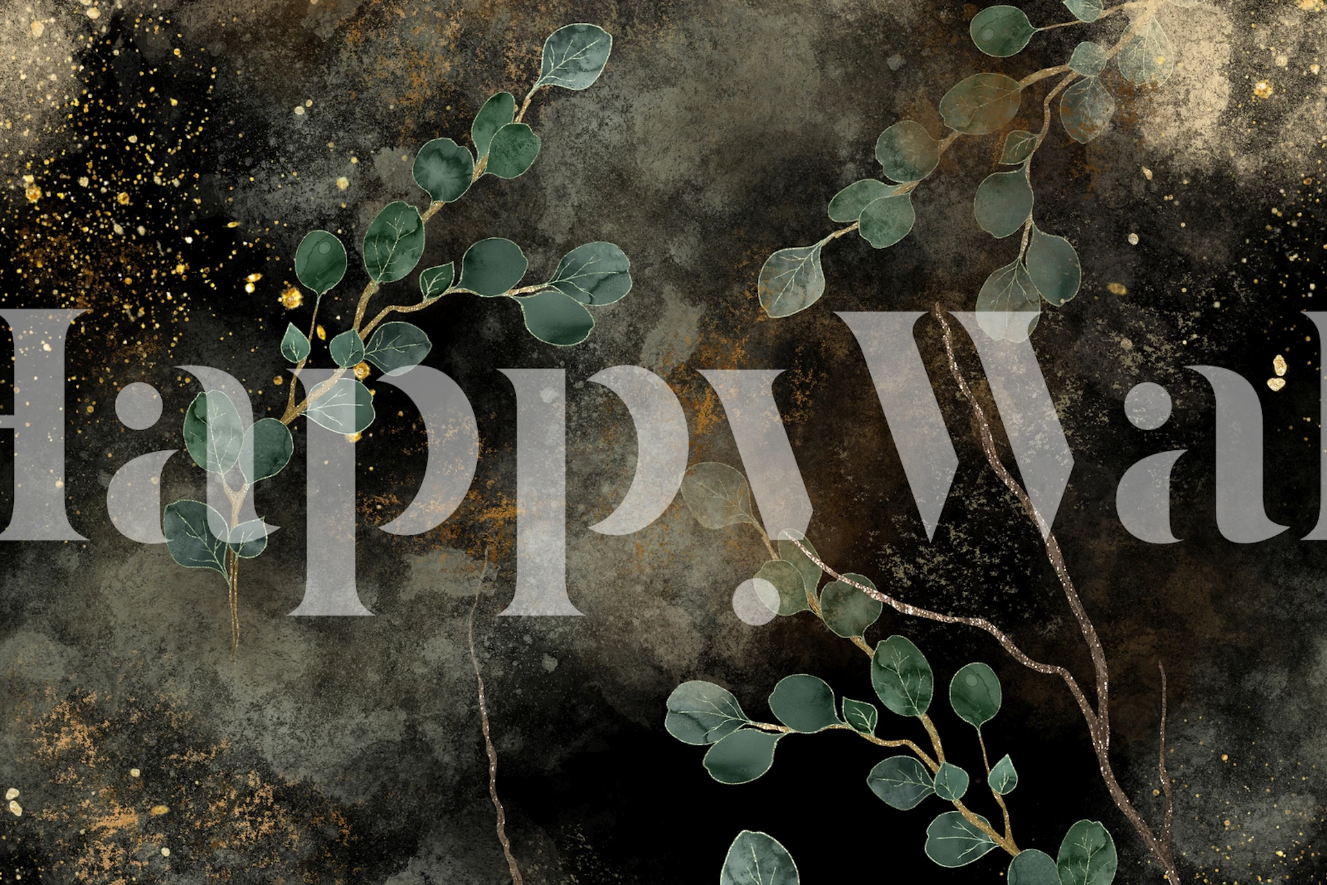 Eucalyptus branches on a dark background with gold accents wallpaper